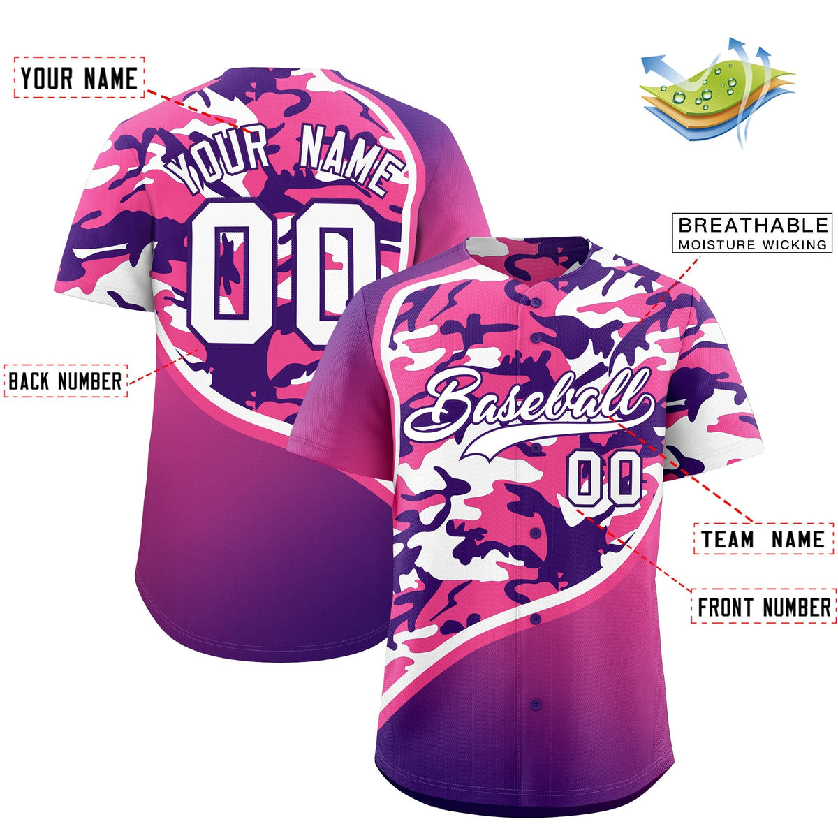 Custom Pink Purple White Camo Gradient Fashion Baseball Jersey | Perfect for Training,Sublimation Printed &amp; Stitched,Add Name and Numbern,Perfect for Teams | KXKSHOP