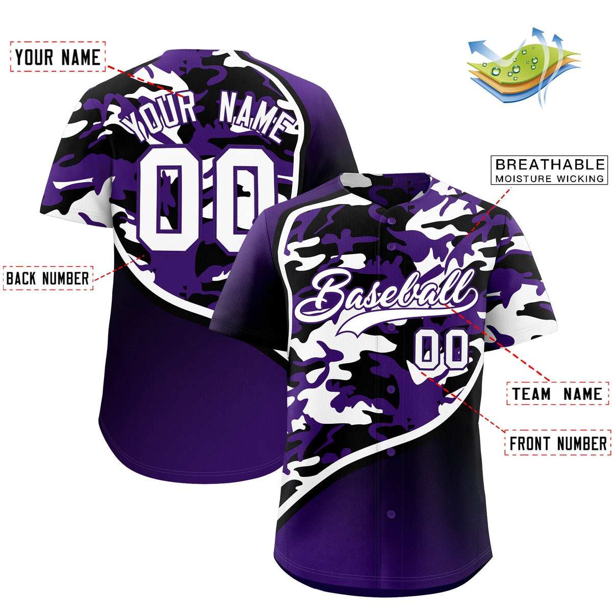 Custom Purple Black White Camo Gradient Fashion Baseball Jersey | Perfect for Training,Sublimation Printed &amp; Stitched,Add Name and Numbern,Perfect for Teams | KXKSHOP