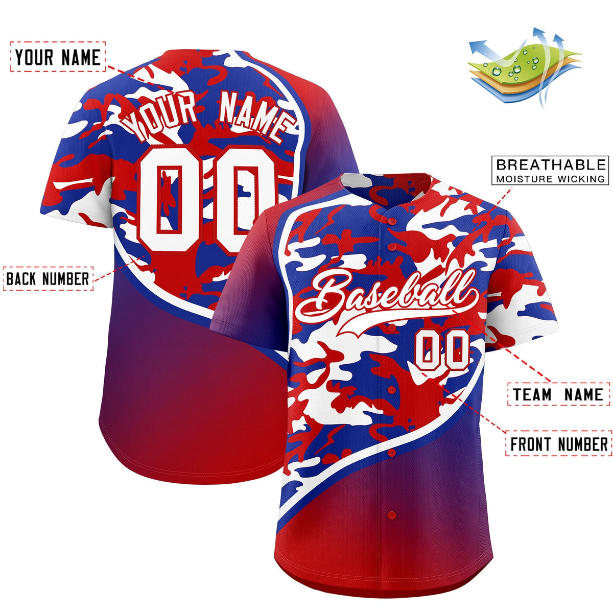 Custom Red Royal Blue White Camo Gradient Fashion Baseball Jersey | Perfect for Training,Sublimation Printed &amp; Stitched,Add Name and Numbern,Perfect for Teams | KXKSHOP