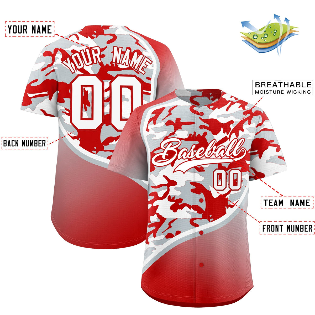 Custom Silver Red White Camo Gradient Fashion Baseball Jersey | Perfect for Training,Sublimation Printed &amp; Stitched,Add Name and Numbern,Perfect for Teams | KXKSHOP