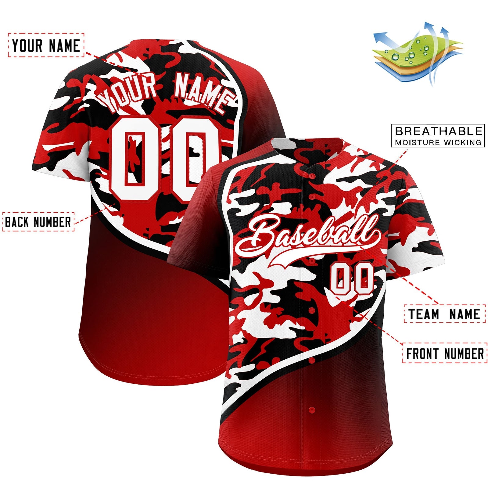 Custom Red Black White Camo Gradient Fashion Baseball Jersey | Perfect for Training,Sublimation Printed & Stitched,Add Name and Numbern,Perfect for Teams | KXKSHOP