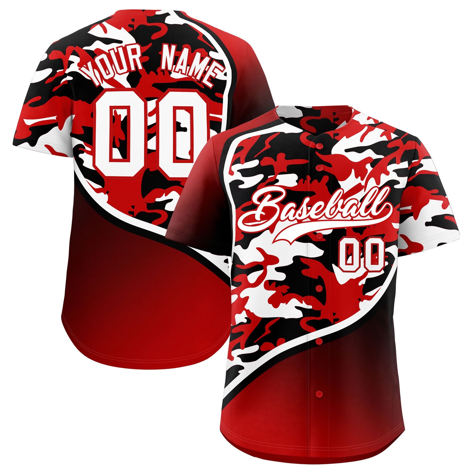 Custom Red Black White Camo Gradient Fashion Baseball Jersey
