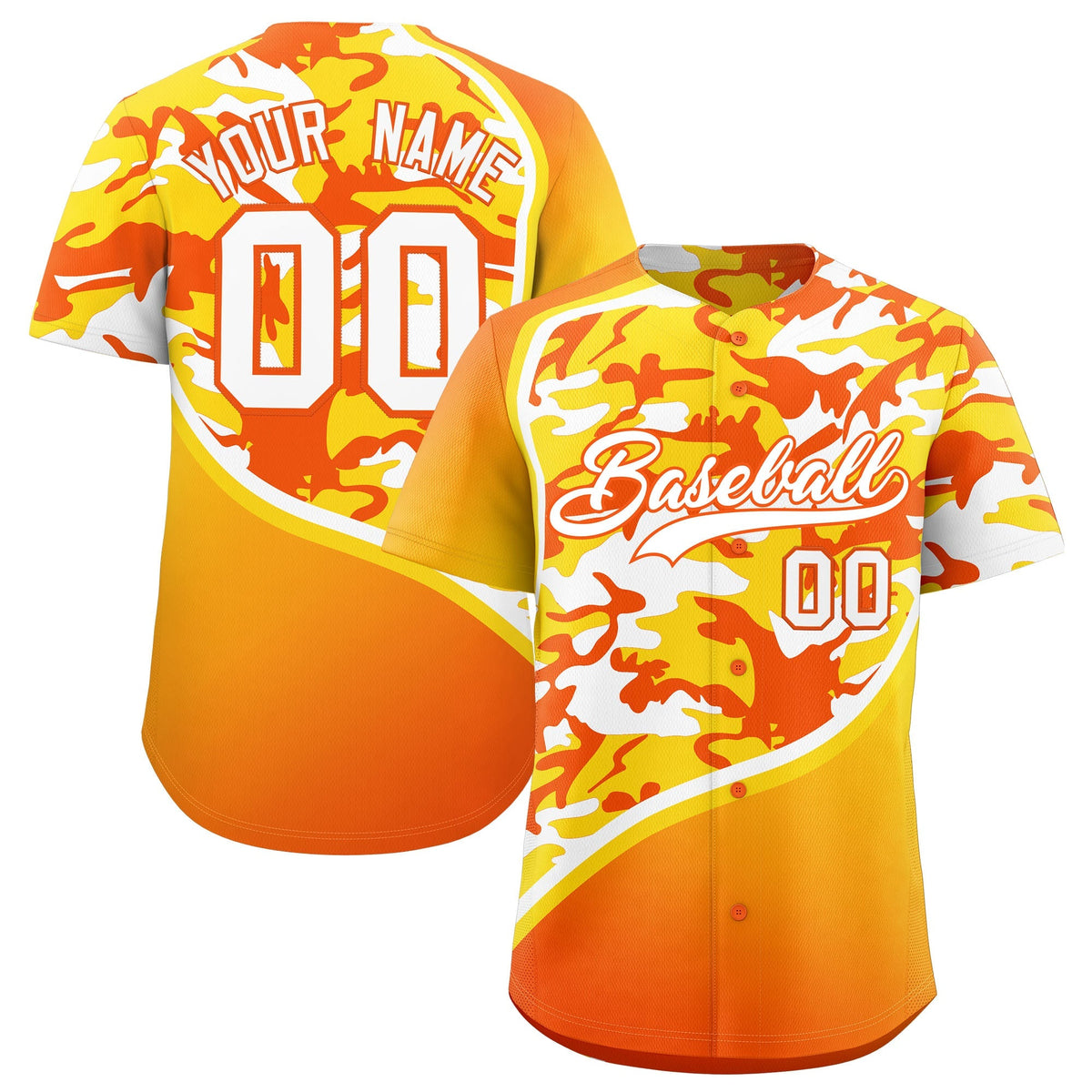 Custom Gold Orange White Camo Gradient Fashion Baseball Jersey | Perfect for Training,Sublimation Printed &amp; Stitched,Add Name and Numbern,Perfect for Teams | KXKSHOP