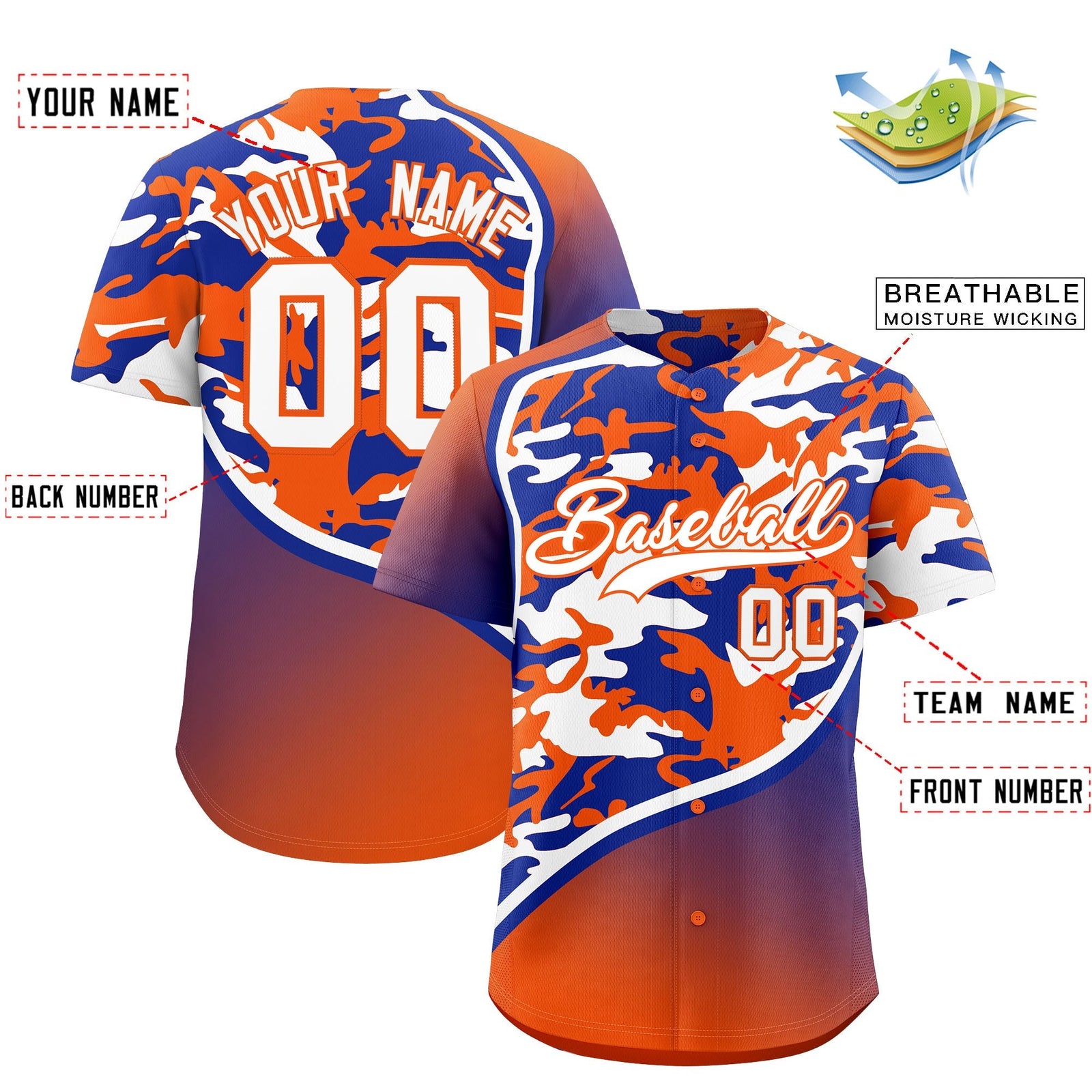 Custom Royal Blue Orange White Camo Gradient Fashion Baseball Jersey | Perfect for Training,Sublimation Printed & Stitched,Add Name and Numbern,Perfect for Teams | KXKSHOP