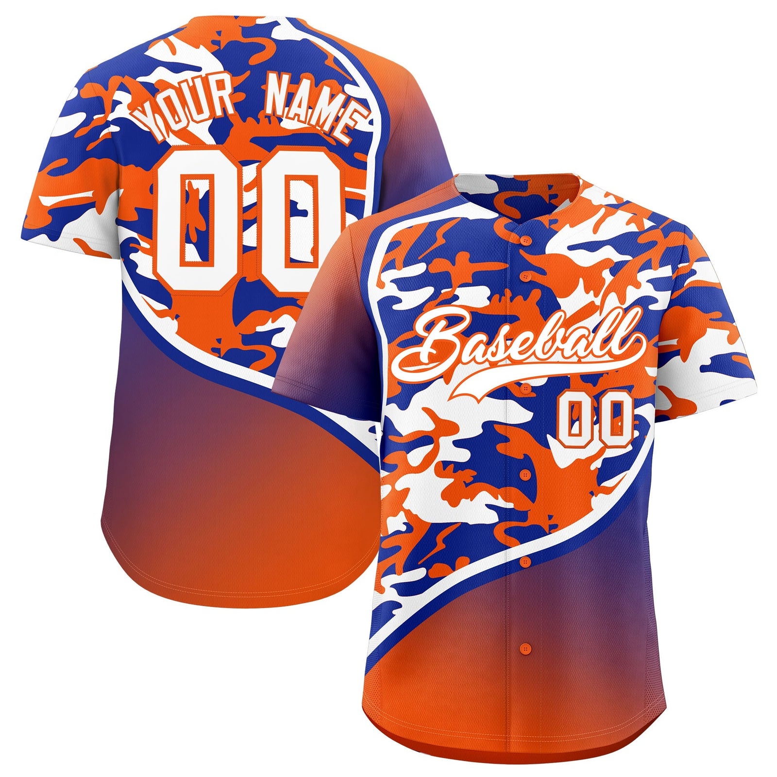 Custom Royal Blue Orange White Camo Gradient Fashion Baseball Jersey | Perfect for Training,Sublimation Printed & Stitched,Add Name and Numbern,Perfect for Teams | KXKSHOP