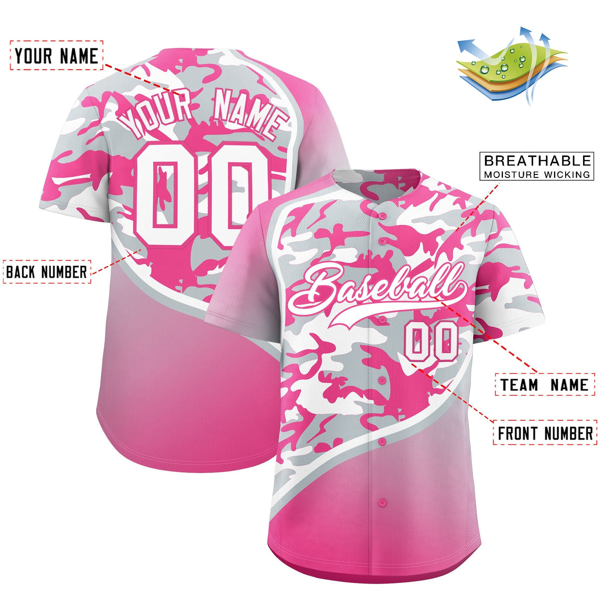Custom Silver White Pink Camo Gradient Fashion Baseball Jersey | Perfect for Training,Sublimation Printed &amp; Stitched,Add Name and Numbern,Perfect for Teams | KXKSHOP