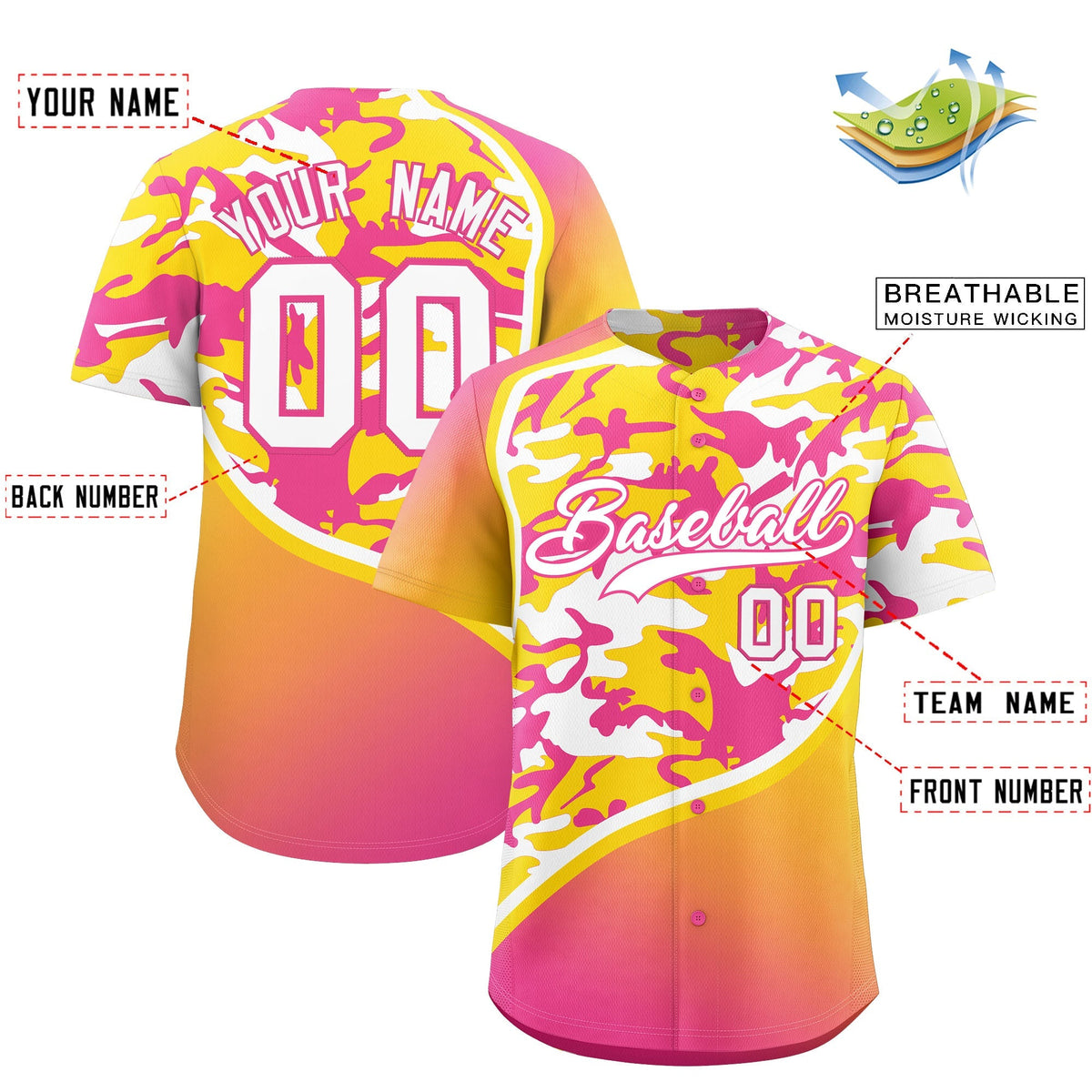 Custom Gold Pink White Camo Gradient Fashion Baseball Jersey | Perfect for Training,Sublimation Printed &amp; Stitched,Add Name and Numbern,Perfect for Teams | KXKSHOP