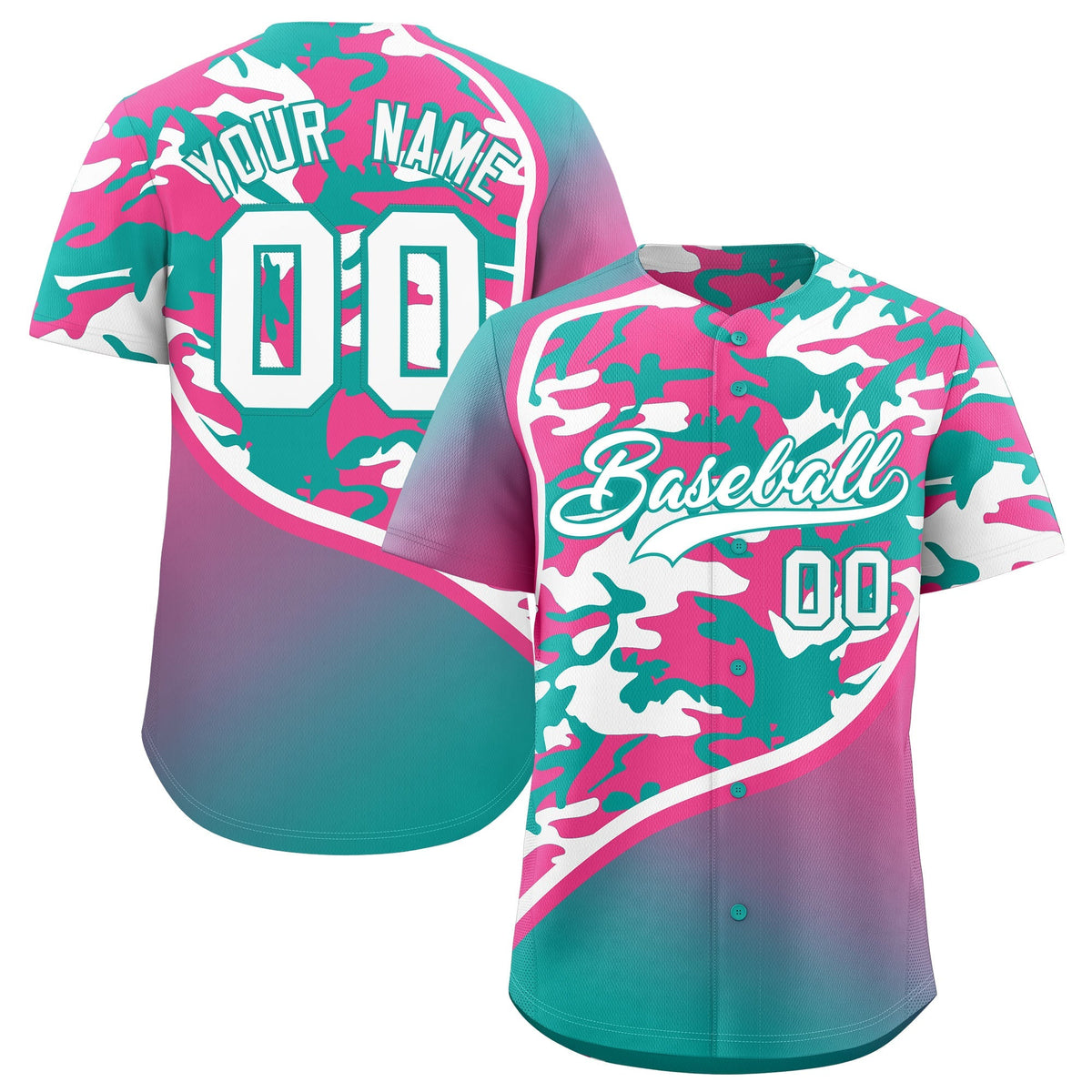 Custom Aqua Pink White Camo Gradient Fashion Baseball Jersey | Perfect for Training,Sublimation Printed &amp; Stitched,Add Name and Numbern,Perfect for Teams | KXKSHOP