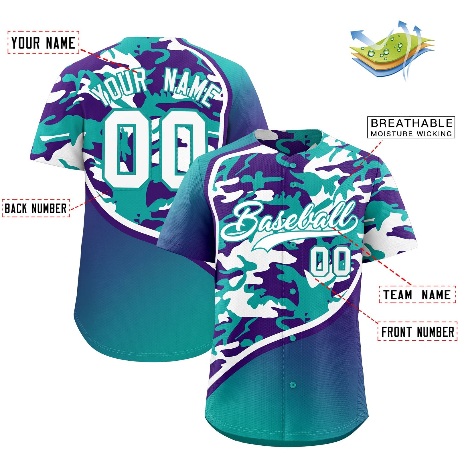 Custom Aqua Purple White Camo Gradient Fashion Baseball Jersey | Perfect for Training,Sublimation Printed & Stitched,Add Name and Numbern,Perfect for Teams | KXKSHOP