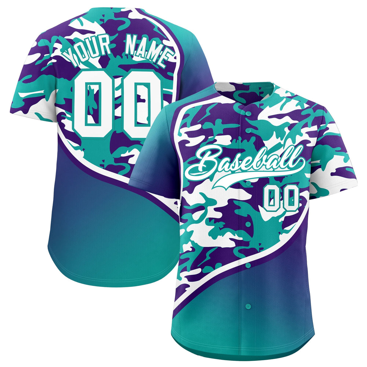 Custom Aqua Purple White Camo Gradient Fashion Baseball Jersey | Perfect for Training,Sublimation Printed &amp; Stitched,Add Name and Numbern,Perfect for Teams | KXKSHOP