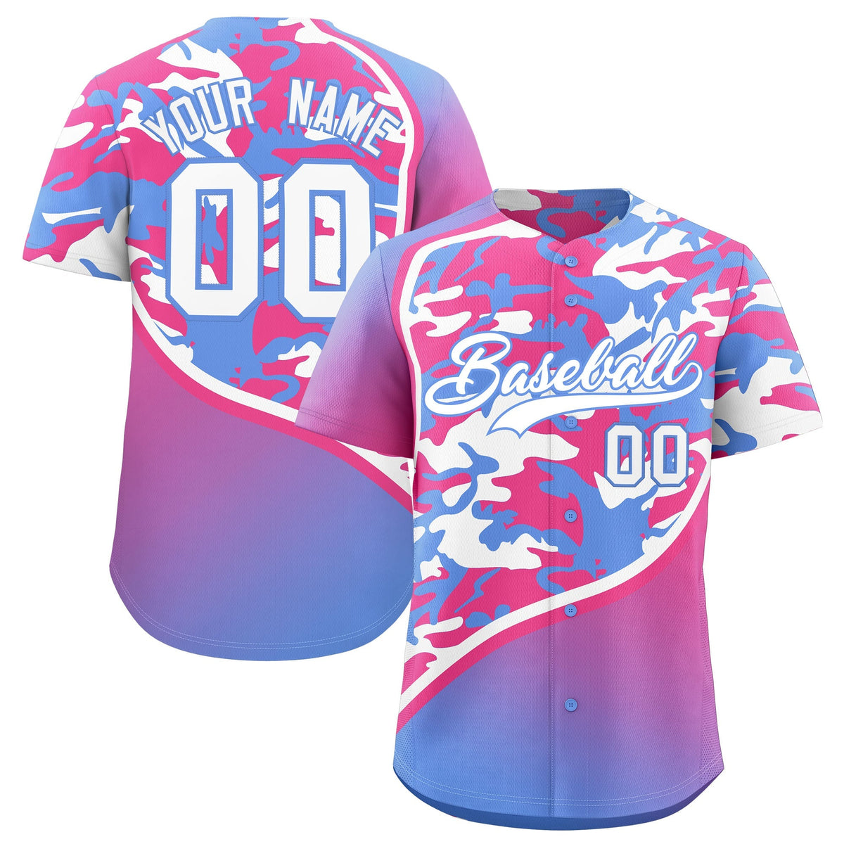 Custom Pink Light Blue White Camo Gradient Fashion Baseball Jersey | Perfect for Training,Sublimation Printed &amp; Stitched,Add Name and Numbern,Perfect for Teams | KXKSHOP