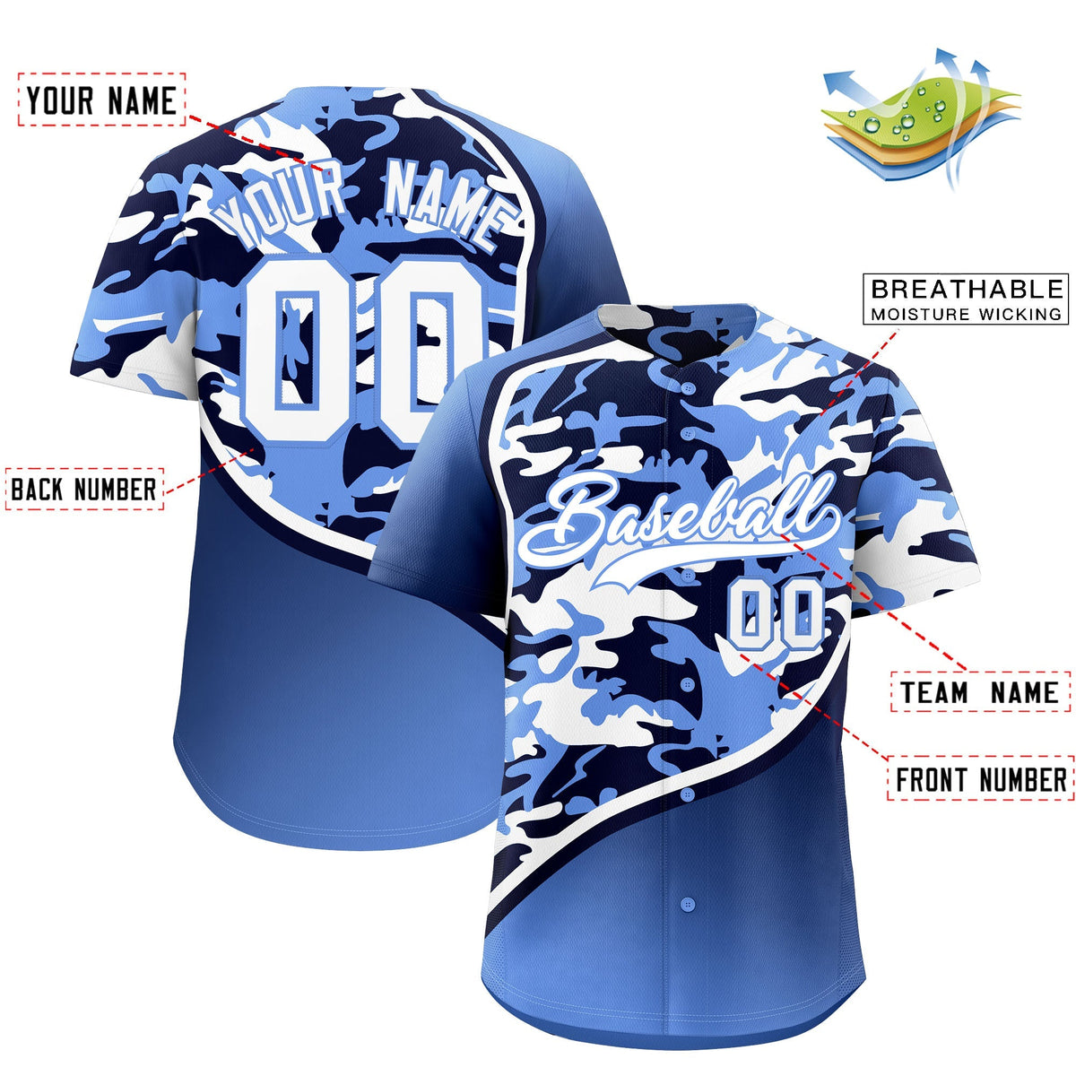 Custom Navy Light Blue White Camo Gradient Fashion Baseball Jersey | Perfect for Training,Sublimation Printed &amp; Stitched,Add Name and Numbern,Perfect for Teams | KXKSHOP