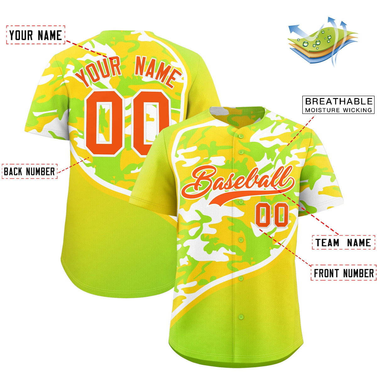 Custom Neon Green Gold White Camo Gradient Fashion Baseball Jersey | Perfect for Training,Sublimation Printed &amp; Stitched,Add Name and Numbern,Perfect for Teams | KXKSHOP