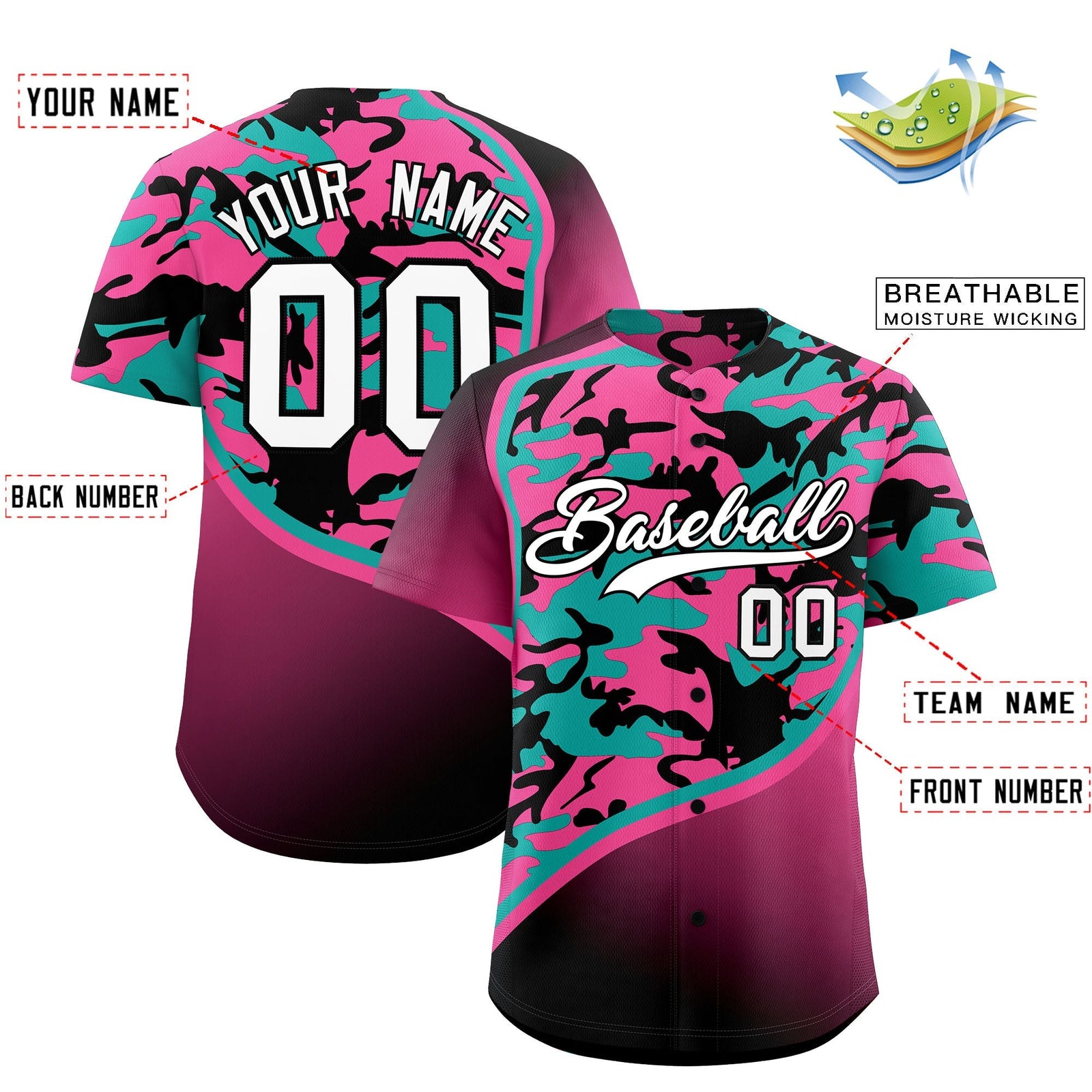 Custom Aqua Pink Black Camo Gradient Fashion Baseball Jersey | Perfect for Training,Sublimation Printed & Stitched,Add Name and Numbern,Perfect for Teams | KXKSHOP