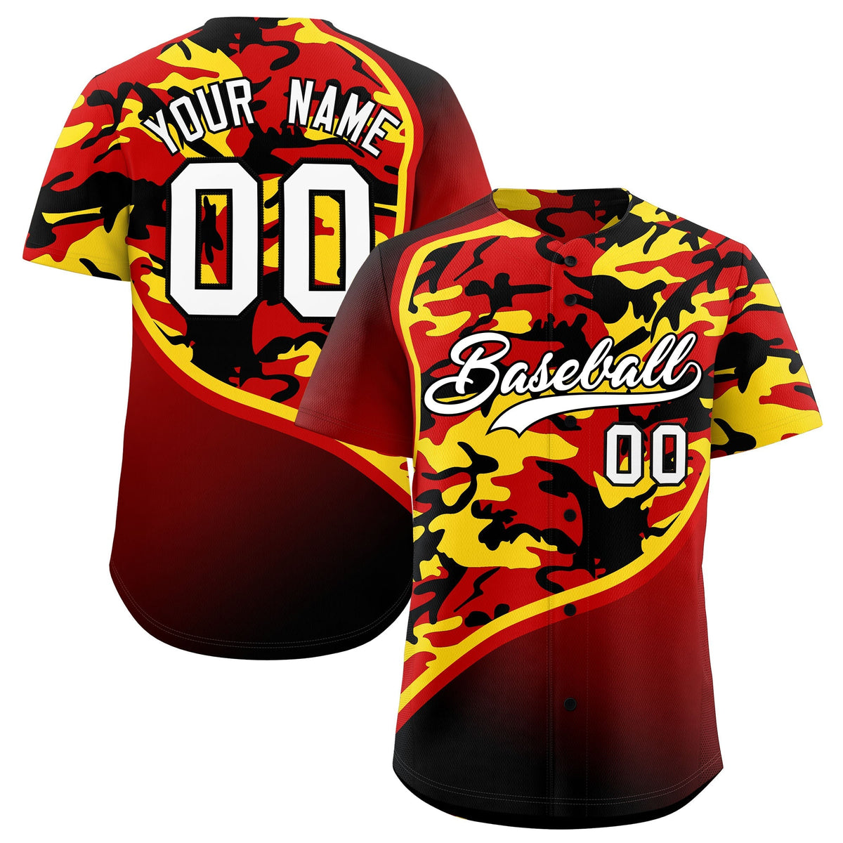 Custom Red Gold Black Camo Gradient Fashion Baseball Jersey | Perfect for Training,Sublimation Printed &amp; Stitched,Add Name and Numbern,Perfect for Teams | KXKSHOP