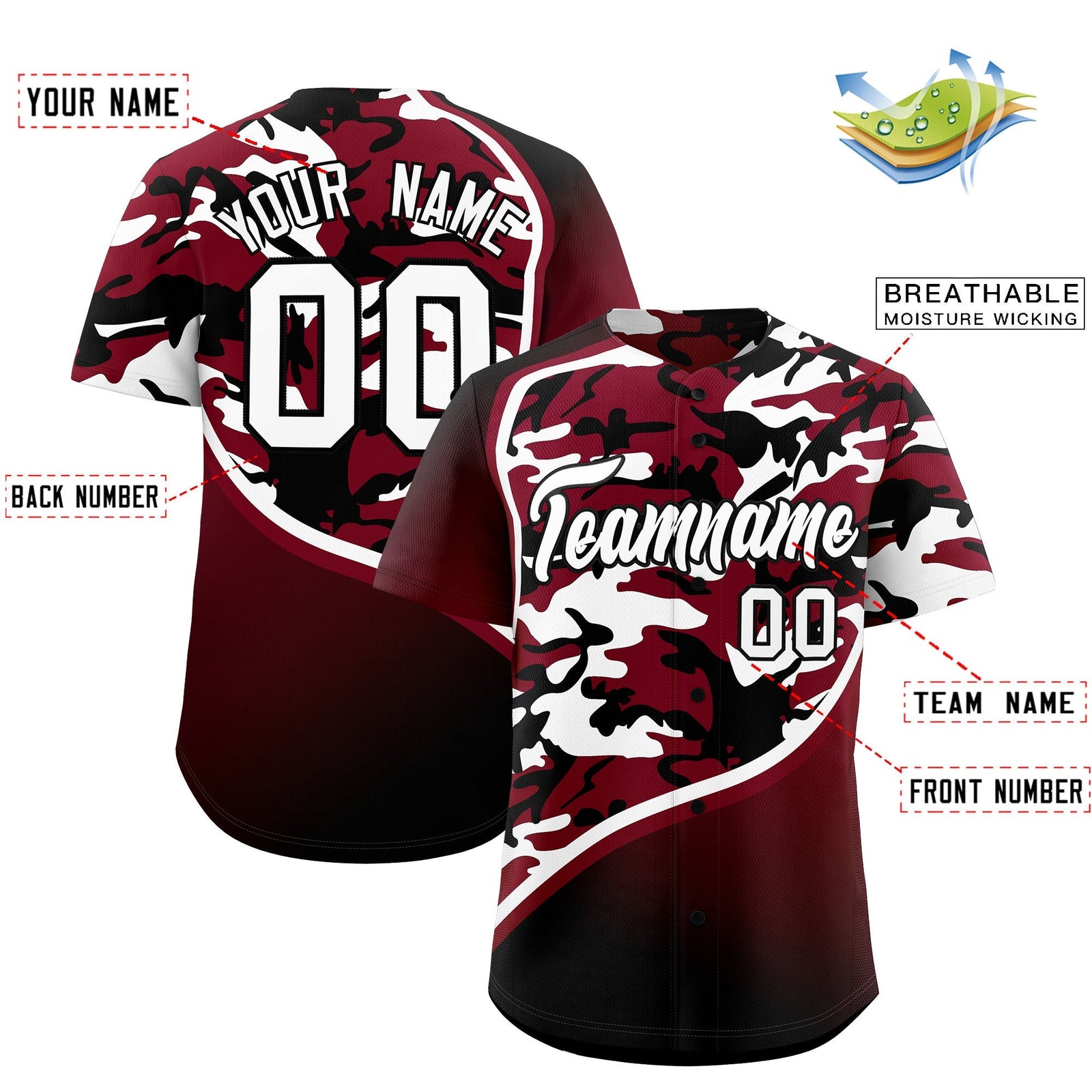 Custom Crimson Black White Camo Gradient Fashion Baseball Jersey | Perfect for Training,Sublimation Printed & Stitched,Add Name and Numbern,Perfect for Teams | KXKSHOP