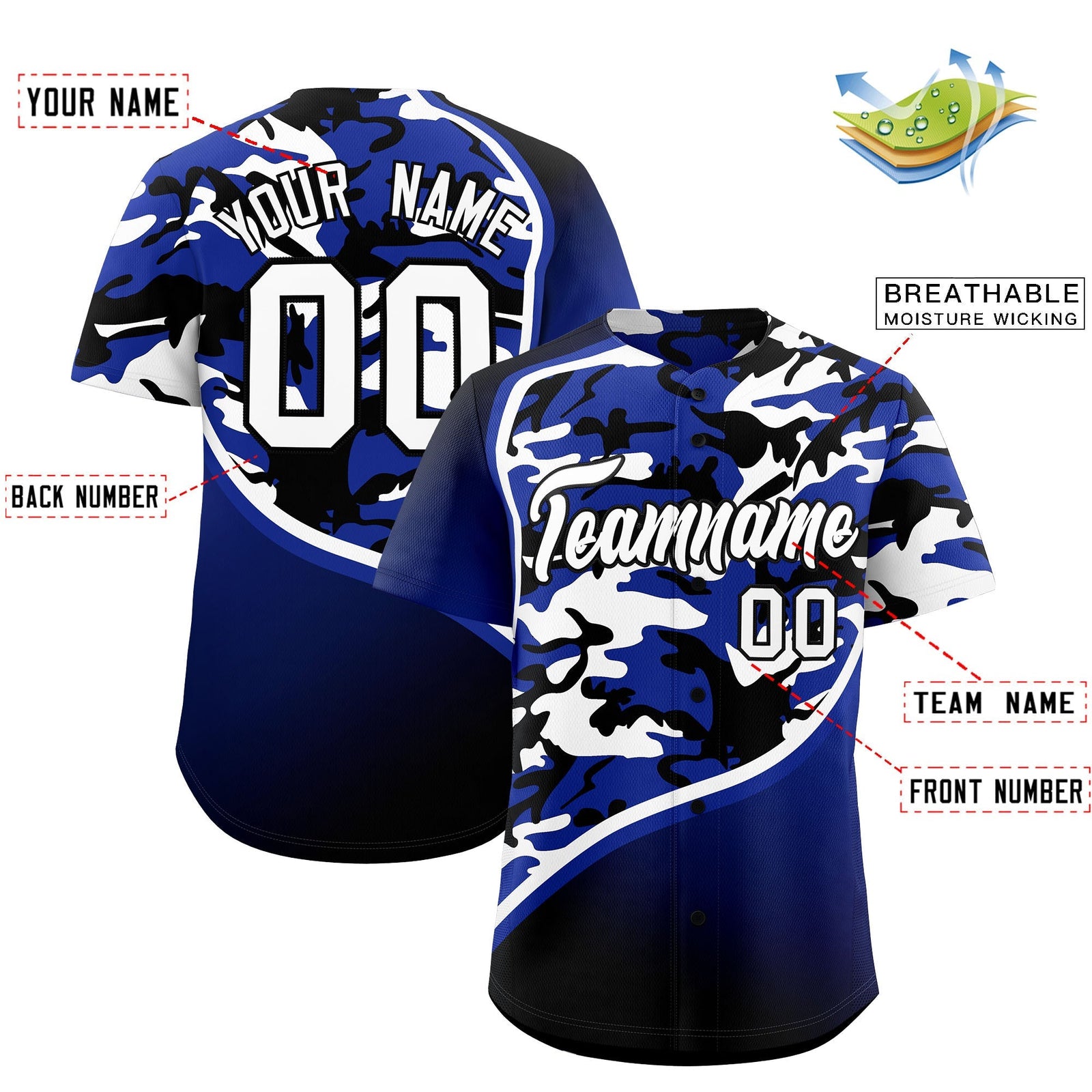 Custom Royal Blue Black White Camo Gradient Fashion Baseball Jersey | Perfect for Training,Sublimation Printed & Stitched,Add Name and Numbern,Perfect for Teams | KXKSHOP