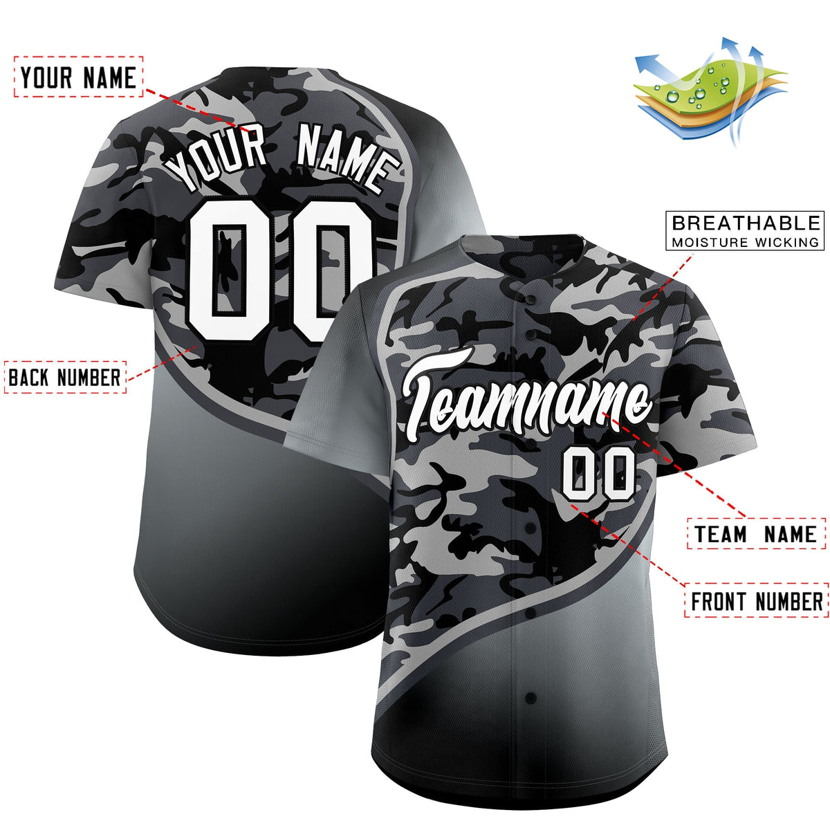 Custom Dark Gray Black Silver Camo Gradient Fashion Baseball Jersey | Perfect for Training,Sublimation Printed &amp; Stitched,Add Name and Numbern,Perfect for Teams | KXKSHOP