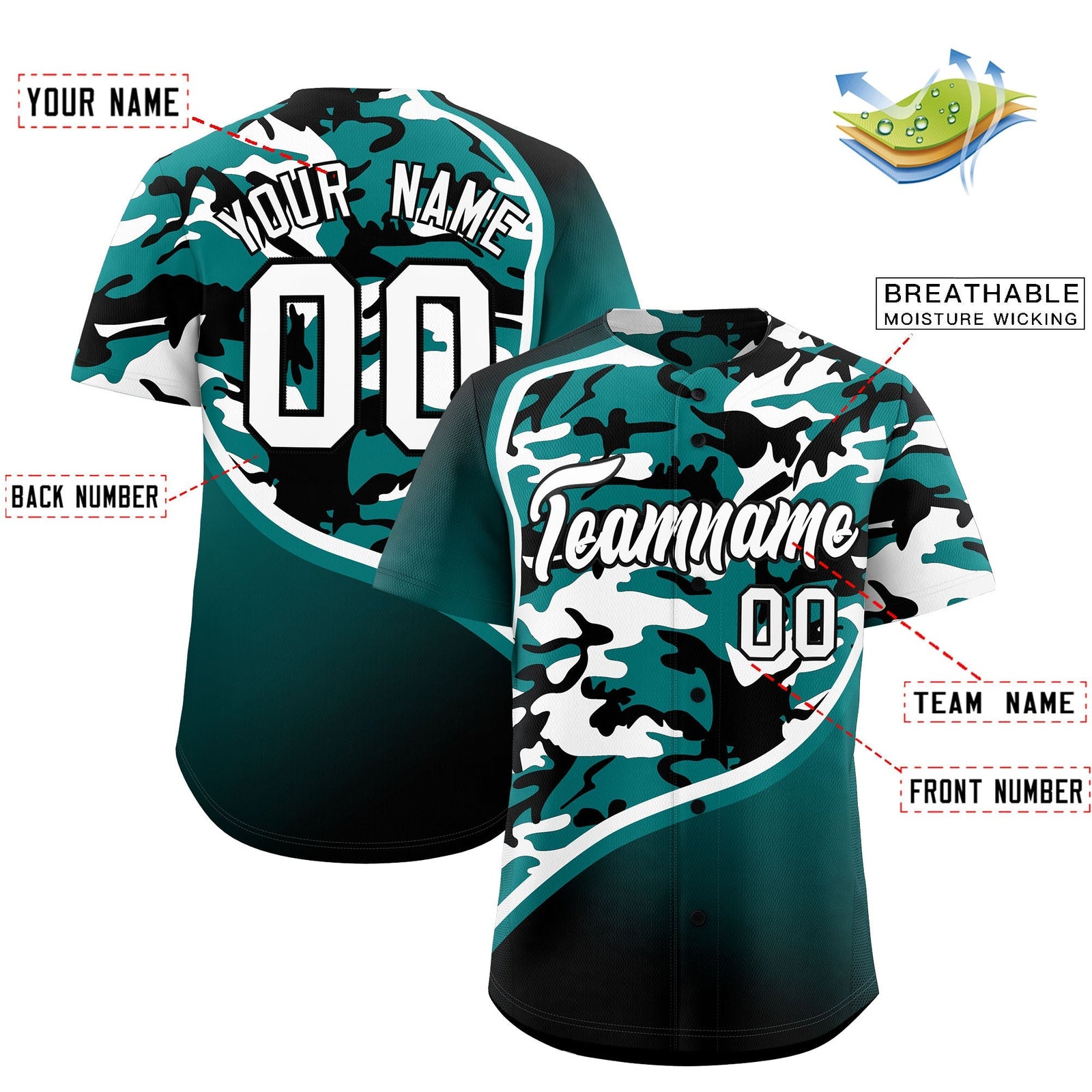 Custom Teal Black White Camo Gradient Fashion Baseball Jersey | Perfect for Training,Sublimation Printed & Stitched,Add Name and Numbern,Perfect for Teams | KXKSHOP