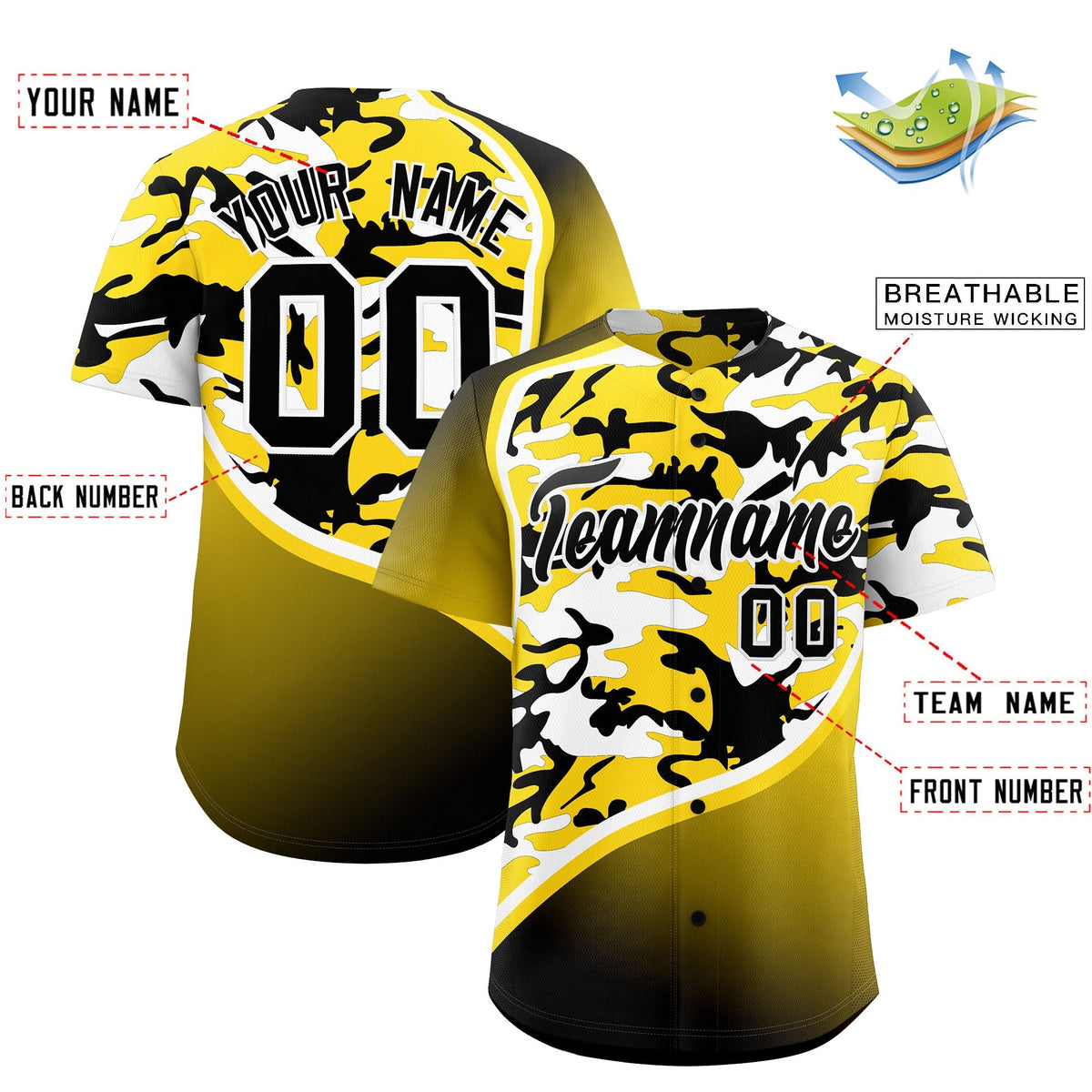 Custom Gold Black White Camo Gradient Fashion Baseball Jersey | Perfect for Training,Sublimation Printed &amp; Stitched,Add Name and Numbern,Perfect for Teams | KXKSHOP