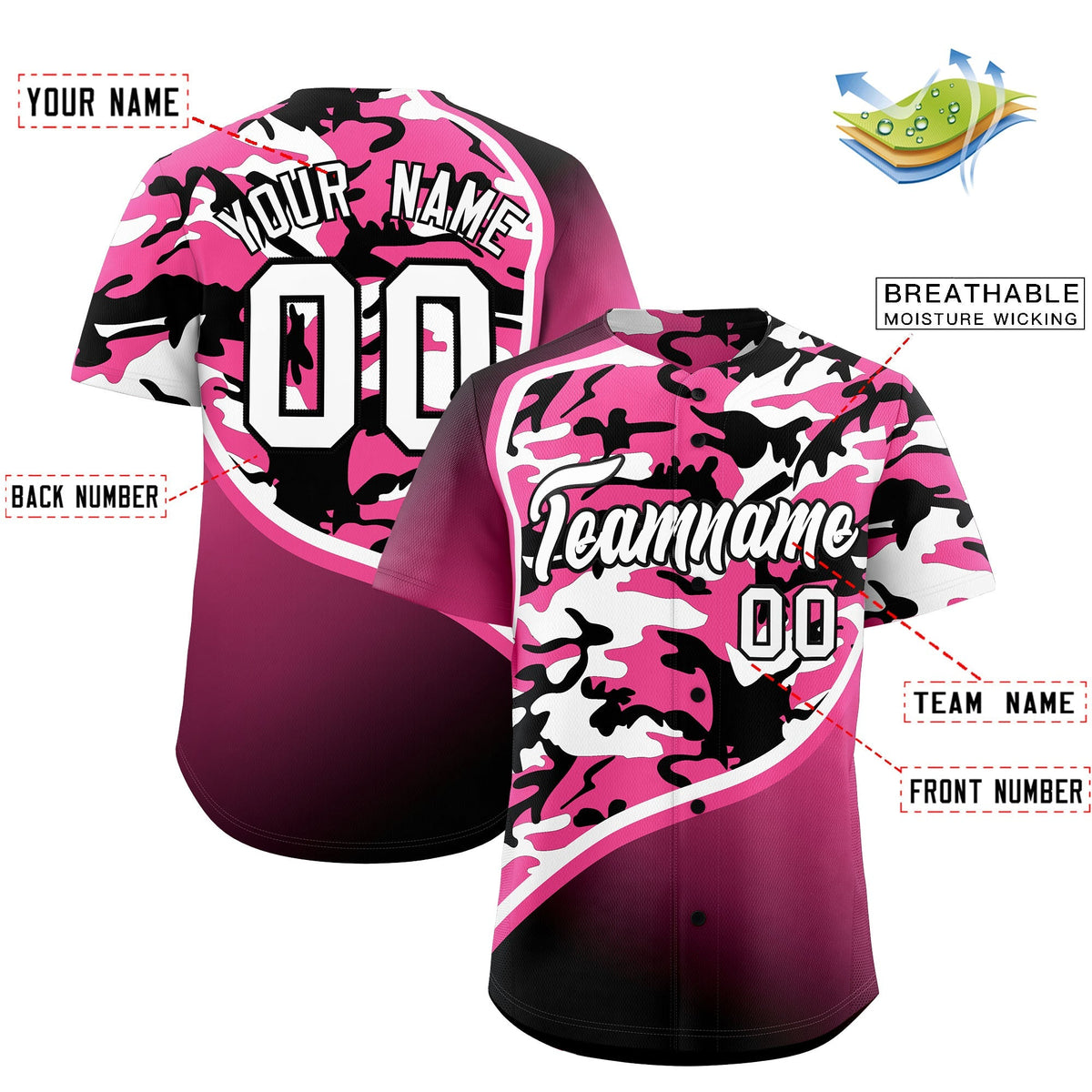 Custom Pink Black White Camo Gradient Fashion Baseball Jersey | Perfect for Training,Sublimation Printed &amp; Stitched,Add Name and Numbern,Perfect for Teams | KXKSHOP
