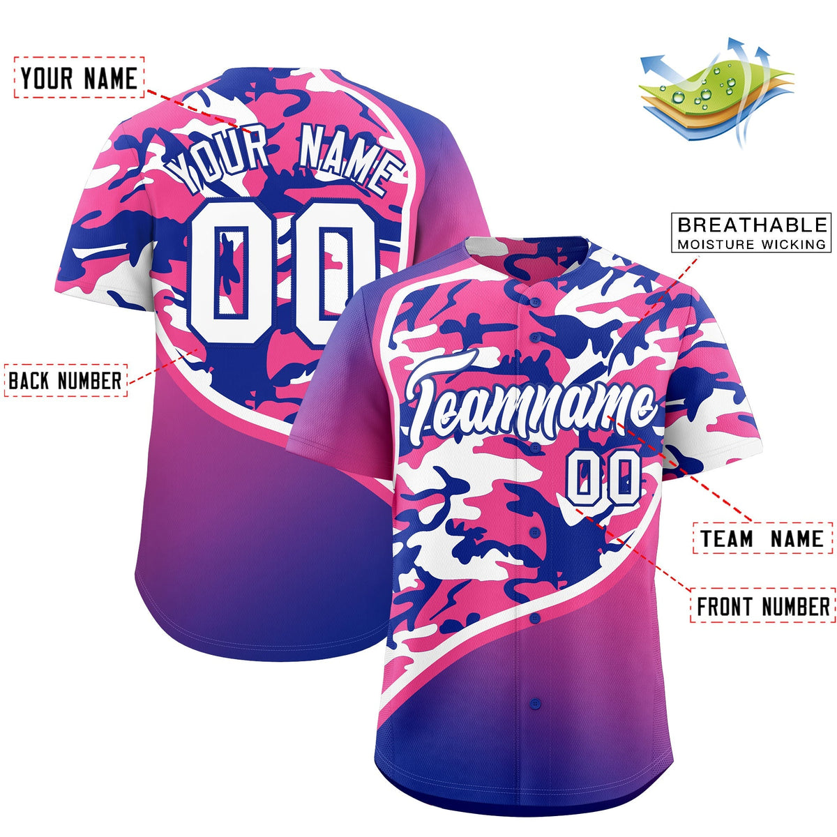 Custom Pink Royal Blue White Camo Gradient Fashion Baseball Jersey | Perfect for Training,Sublimation Printed & Stitched,Add Name and Numbern,Perfect for Teams | KXKSHOP