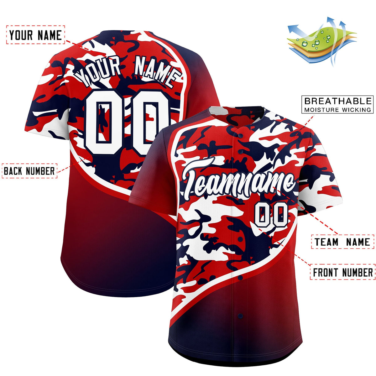Custom Red White Navy Camo Gradient Fashion Baseball Jersey | Perfect for Training,Sublimation Printed &amp; Stitched,Add Name and Numbern,Perfect for Teams | KXKSHOP
