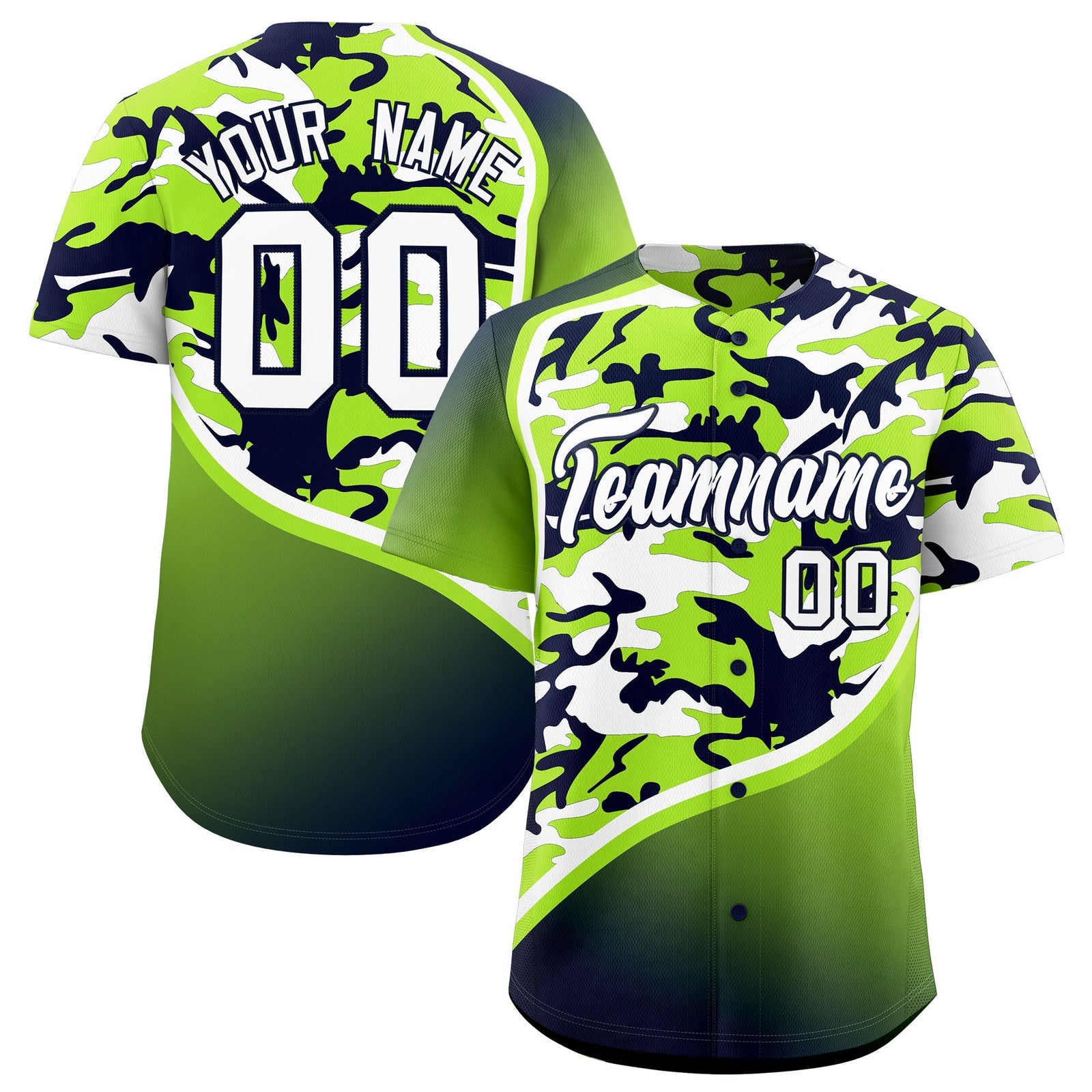 Custom Neon Green Navy White Camo Gradient Fashion Baseball Jersey | Perfect for Training,Sublimation Printed & Stitched,Add Name and Numbern,Perfect for Teams | KXKSHOP
