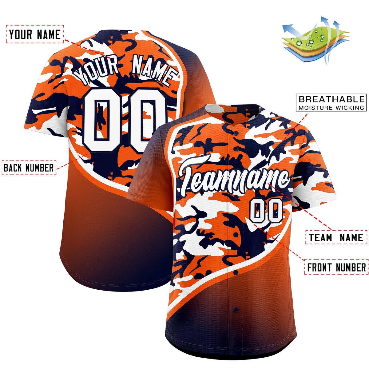 Custom Orange Navy White Camo Gradient Fashion Baseball Jersey | Perfect for Training,Sublimation Printed &amp; Stitched,Add Name and Numbern,Perfect for Teams | KXKSHOP