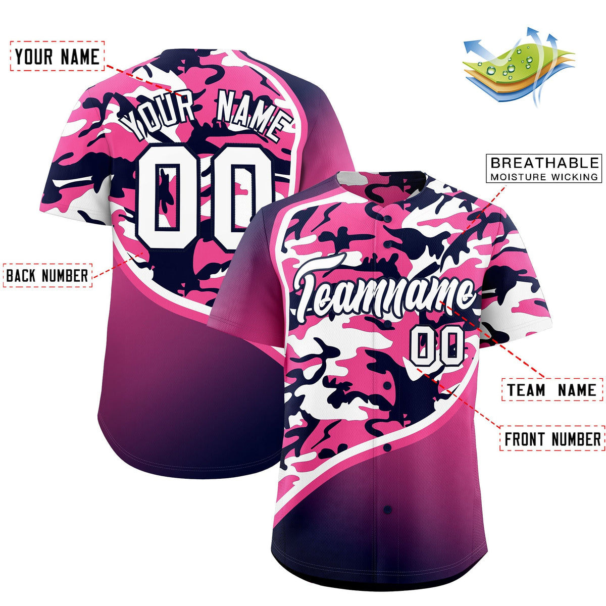 Custom Pink Navy White Camo Gradient Fashion Baseball Jersey | Perfect for Training,Sublimation Printed &amp; Stitched,Add Name and Numbern,Perfect for Teams | KXKSHOP