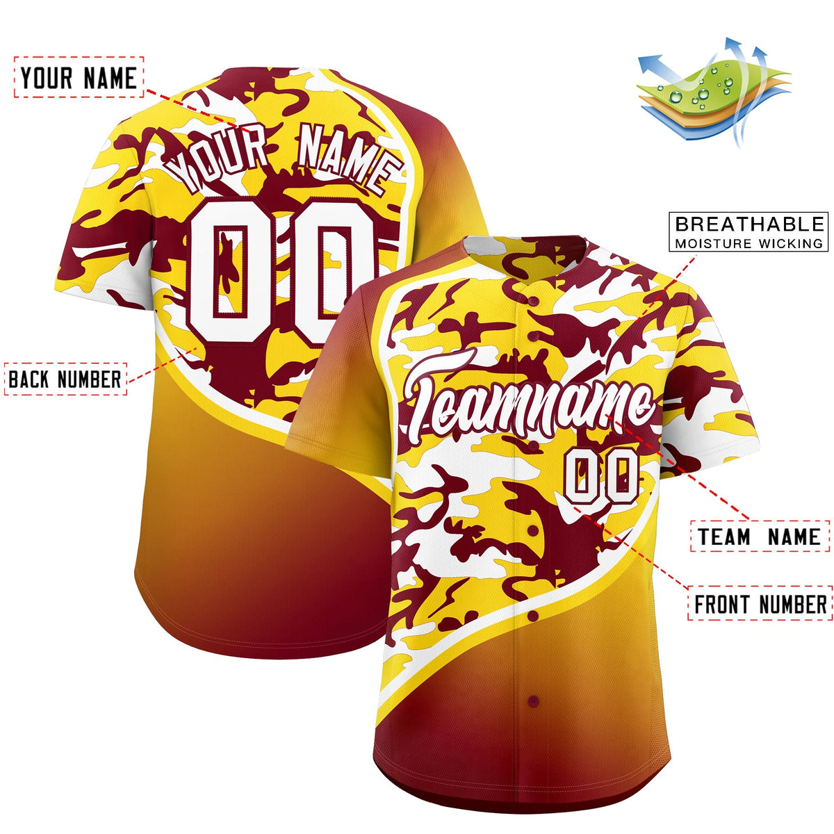 Custom Crimson Gold White Camo Gradient Fashion Baseball Jersey | Perfect for Training,Sublimation Printed &amp; Stitched,Add Name and Numbern,Perfect for Teams | KXKSHOP