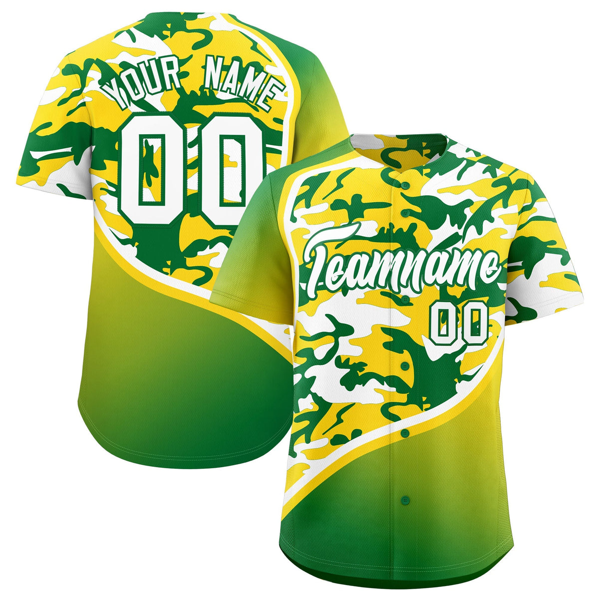 Custom Gold Kelly Green White Camo Gradient Fashion Baseball Jersey | Perfect for Training,Sublimation Printed &amp; Stitched,Add Name and Numbern,Perfect for Teams | KXKSHOP