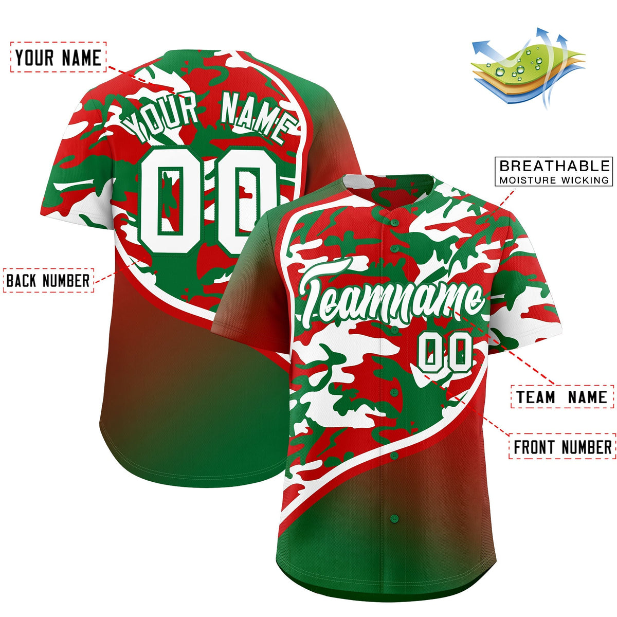 Custom Red Kelly Green White Camo Gradient Fashion Baseball Jersey | Perfect for Training,Sublimation Printed &amp; Stitched,Add Name and Numbern,Perfect for Teams | KXKSHOP