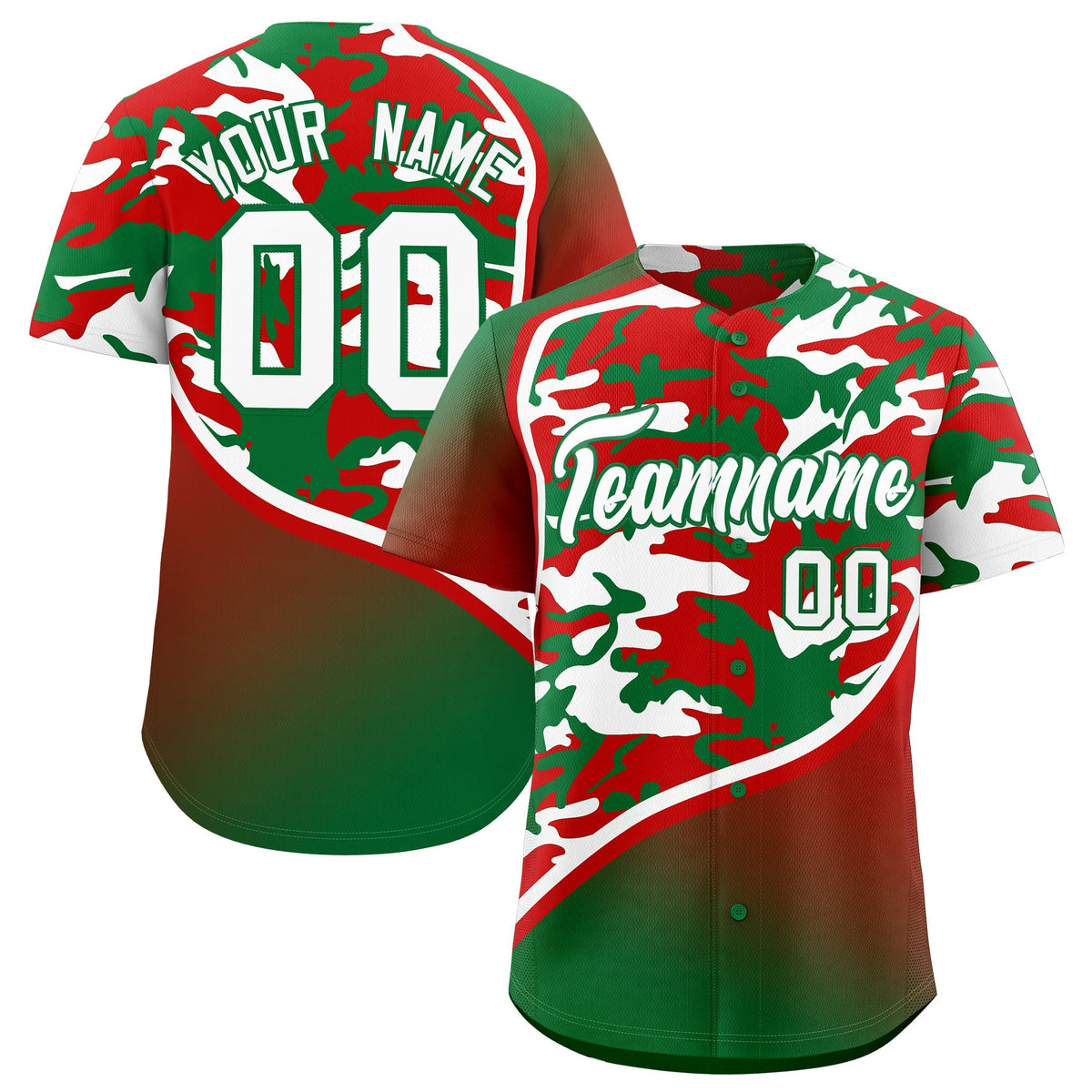Custom Red Kelly Green White Camo Gradient Fashion Baseball Jersey | Perfect for Training,Sublimation Printed &amp; Stitched,Add Name and Numbern,Perfect for Teams | KXKSHOP
