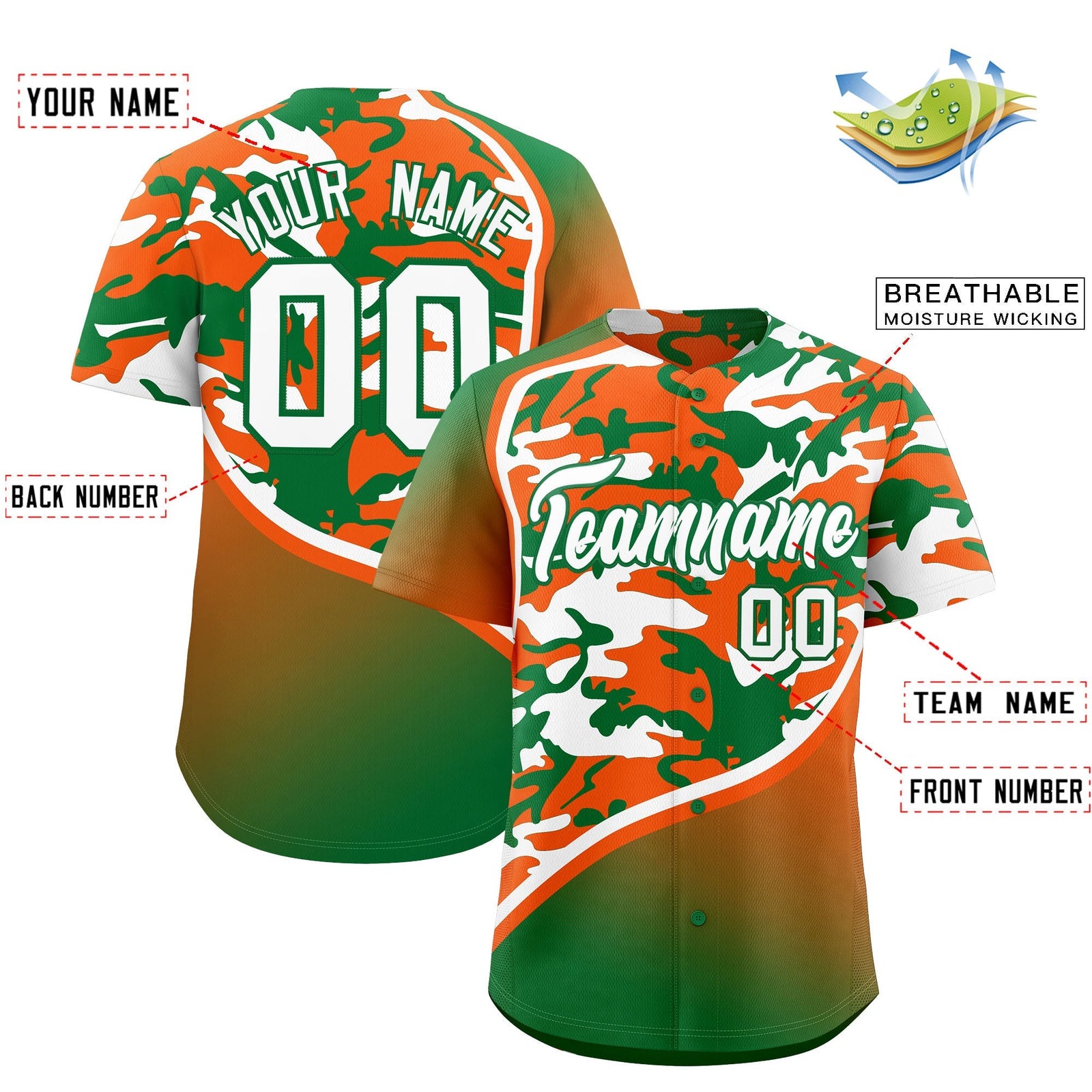 Custom Orange Kelly Green White Camo Gradient Fashion Baseball Jersey | Perfect for Training,Sublimation Printed & Stitched,Add Name and Numbern,Perfect for Teams | KXKSHOP