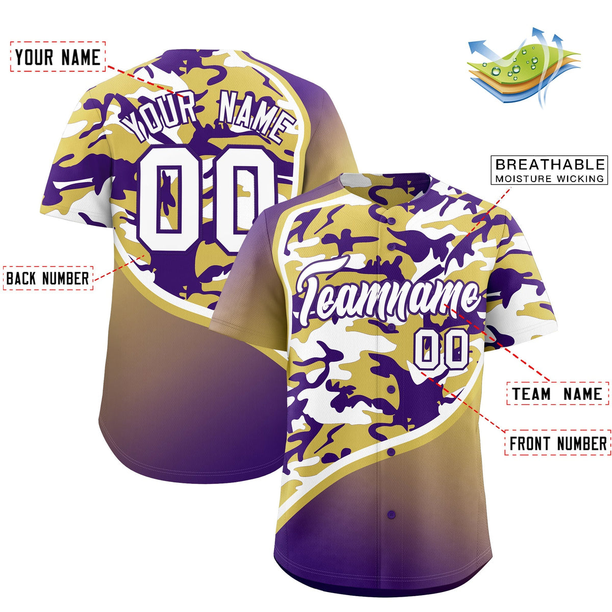 Custom Old Gold Purple White Camo Gradient Fashion Baseball Jersey | Perfect for Training,Sublimation Printed &amp; Stitched,Add Name and Numbern,Perfect for Teams | KXKSHOP