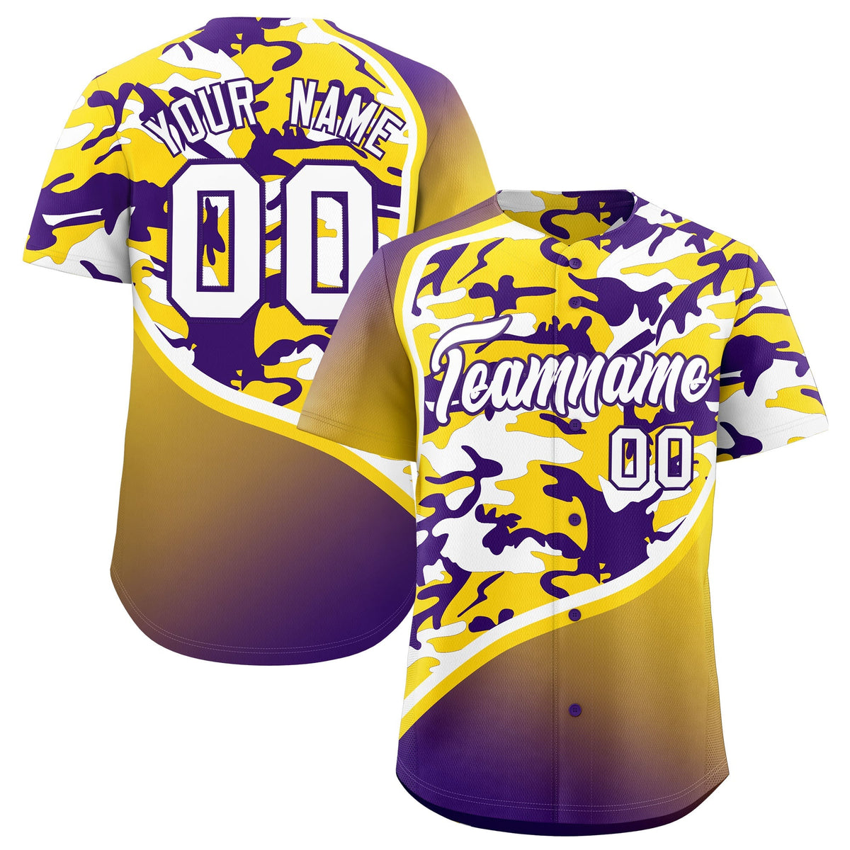 Custom Gold Purple White Camo Gradient Fashion Baseball Jersey | Perfect for Training,Sublimation Printed &amp; Stitched,Add Name and Numbern,Perfect for Teams | KXKSHOP