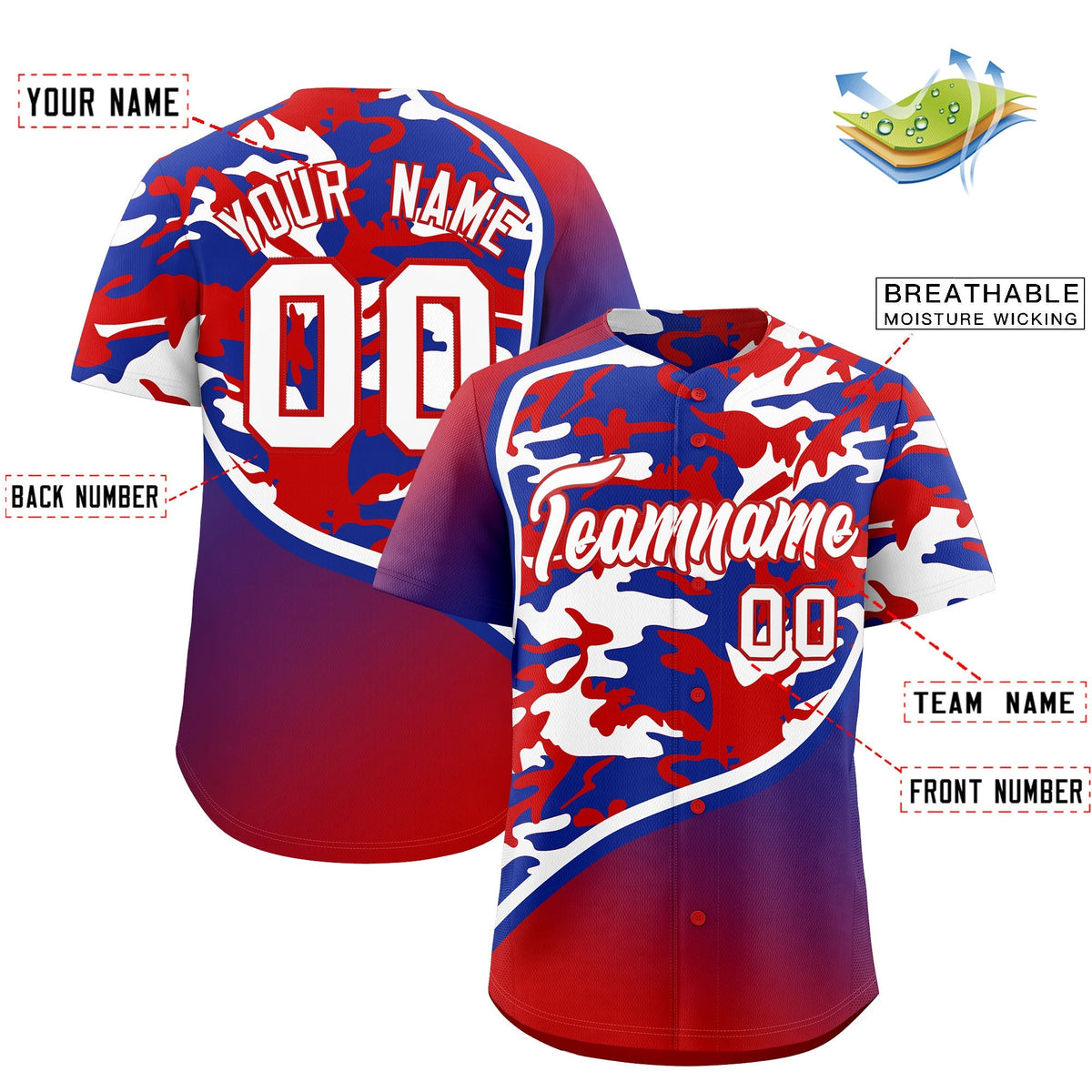Custom Red Royal Blue White Camo Gradient Fashion Baseball Jersey | Perfect for Training,Sublimation Printed &amp; Stitched,Add Name and Numbern,Perfect for Teams | KXKSHOP