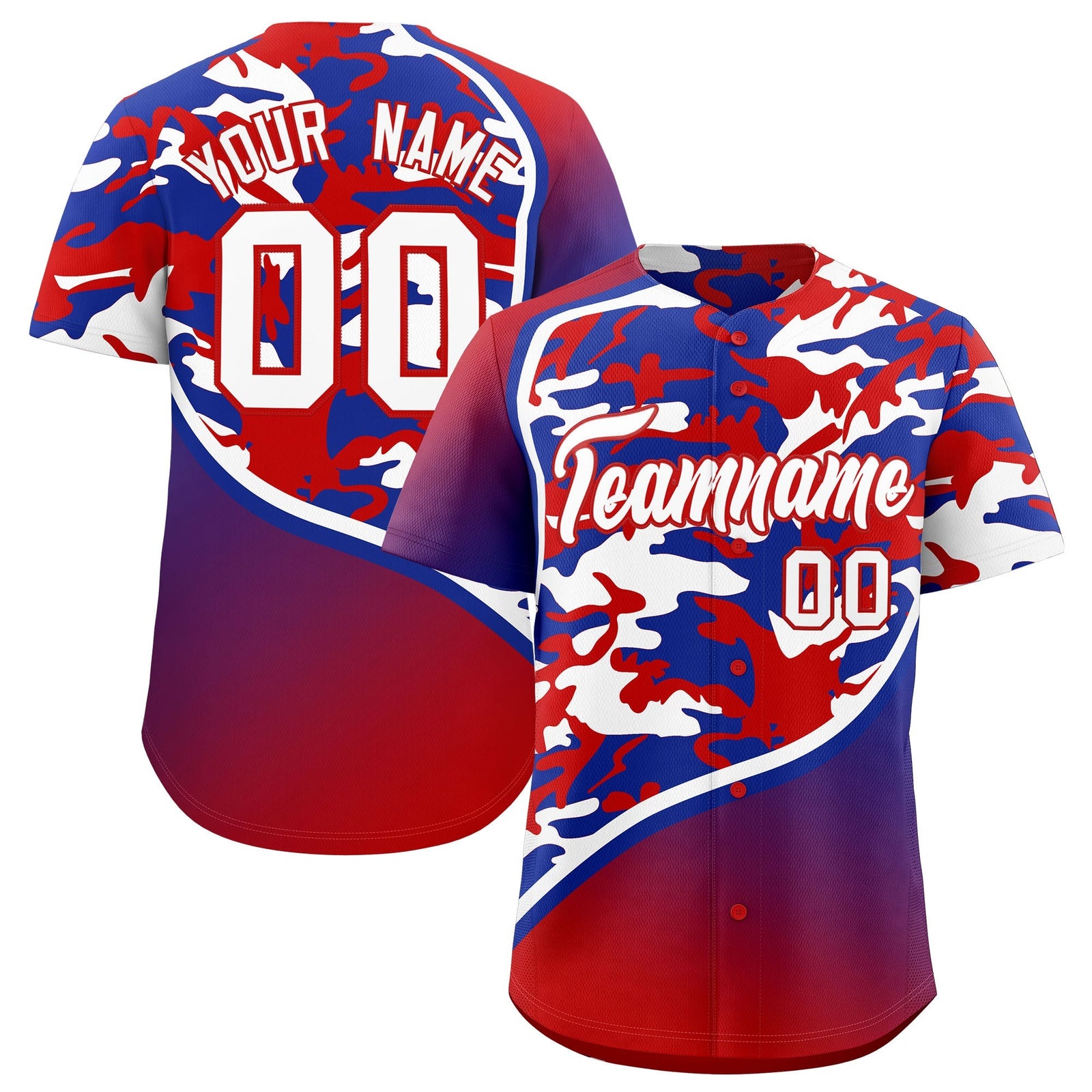 Custom Red Royal Blue White Camo Gradient Fashion Baseball Jersey | Perfect for Training,Sublimation Printed & Stitched,Add Name and Numbern,Perfect for Teams | KXKSHOP