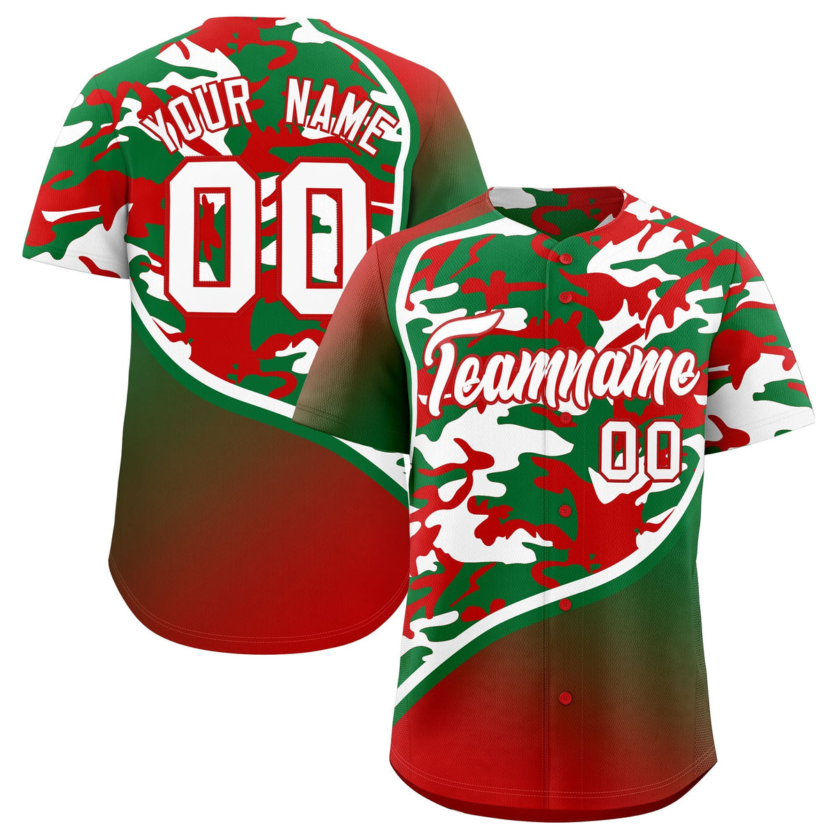 Custom Kelly Green Red White Camo Gradient Fashion Baseball Jersey | Perfect for Training,Sublimation Printed &amp; Stitched,Add Name and Numbern,Perfect for Teams | KXKSHOP