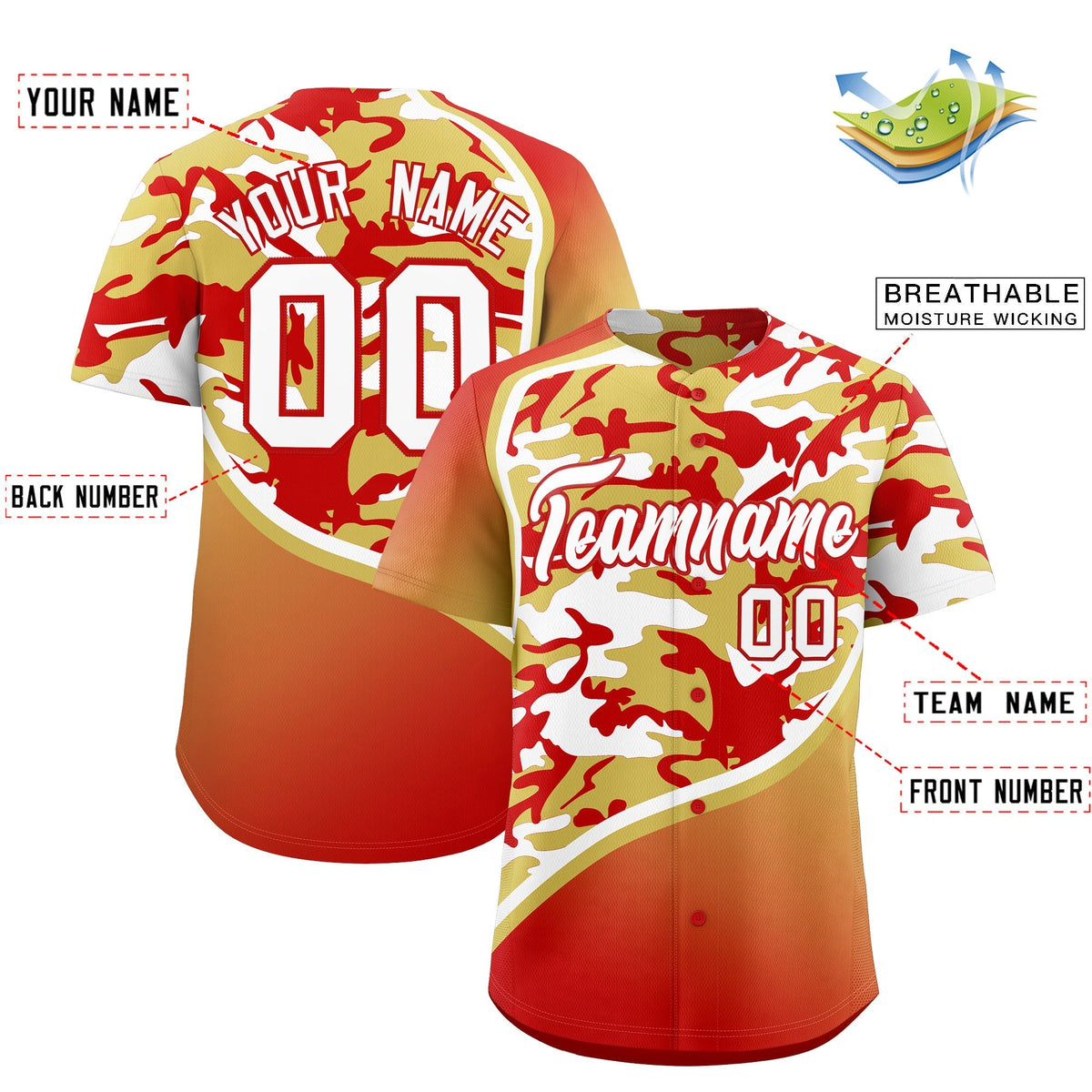 Custom Old Gold Red White Camo Gradient Fashion Baseball Jersey | Perfect for Training,Sublimation Printed &amp; Stitched,Add Name and Numbern,Perfect for Teams | KXKSHOP