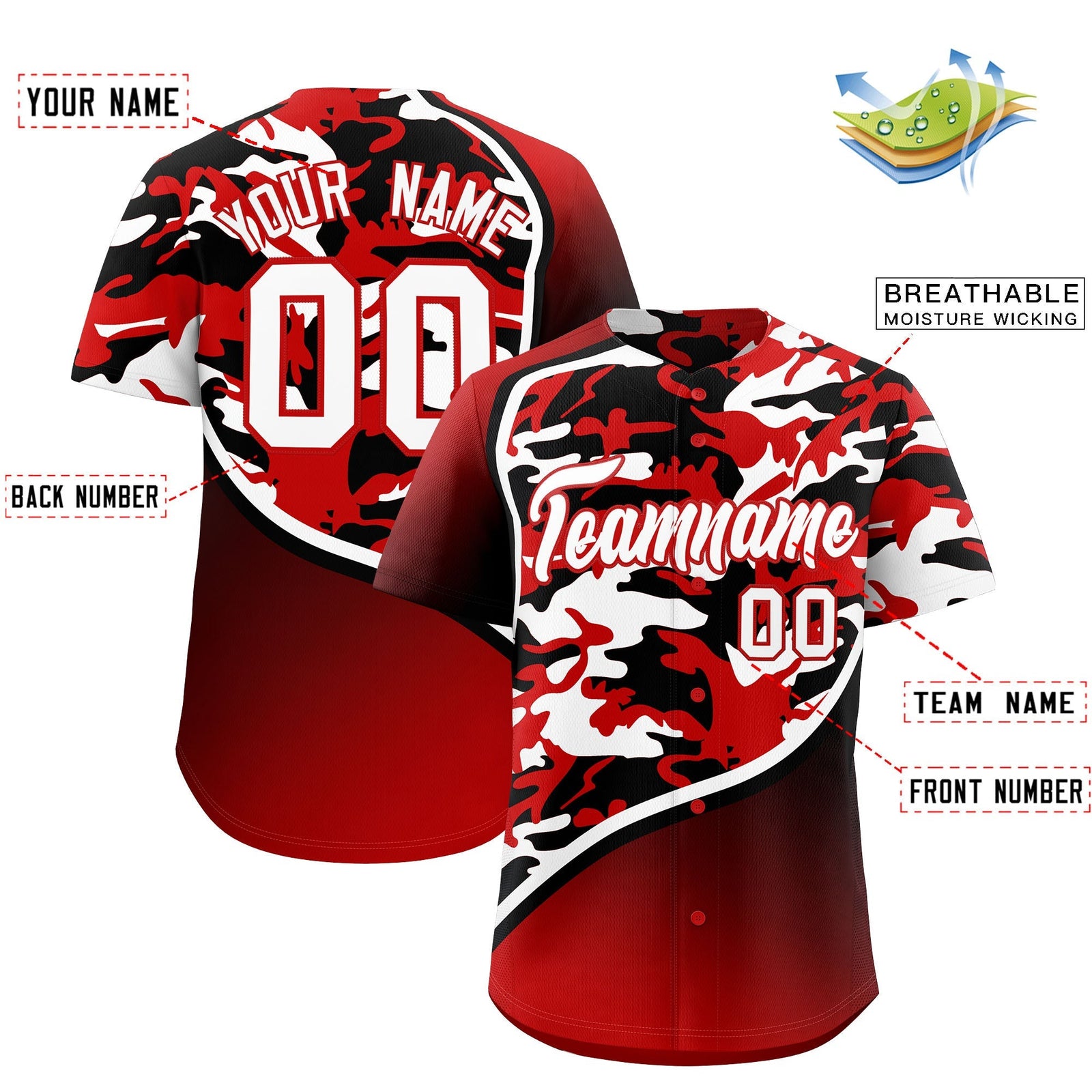 Custom Red Black White Camo Gradient Fashion Baseball Jersey | Perfect for Training,Sublimation Printed & Stitched,Add Name and Numbern,Perfect for Teams | KXKSHOP