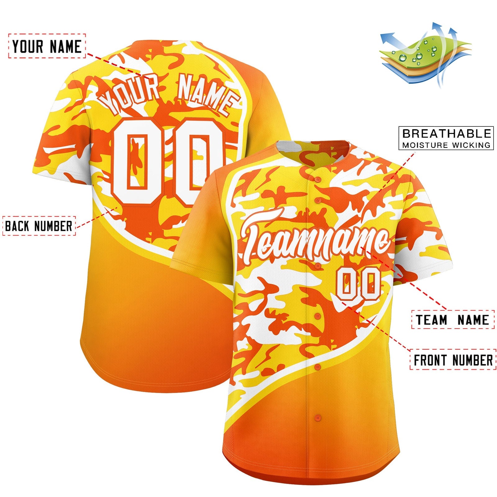 Custom Gold Orange White Camo Gradient Fashion Baseball Jersey | Perfect for Training,Sublimation Printed & Stitched,Add Name and Numbern,Perfect for Teams | KXKSHOP