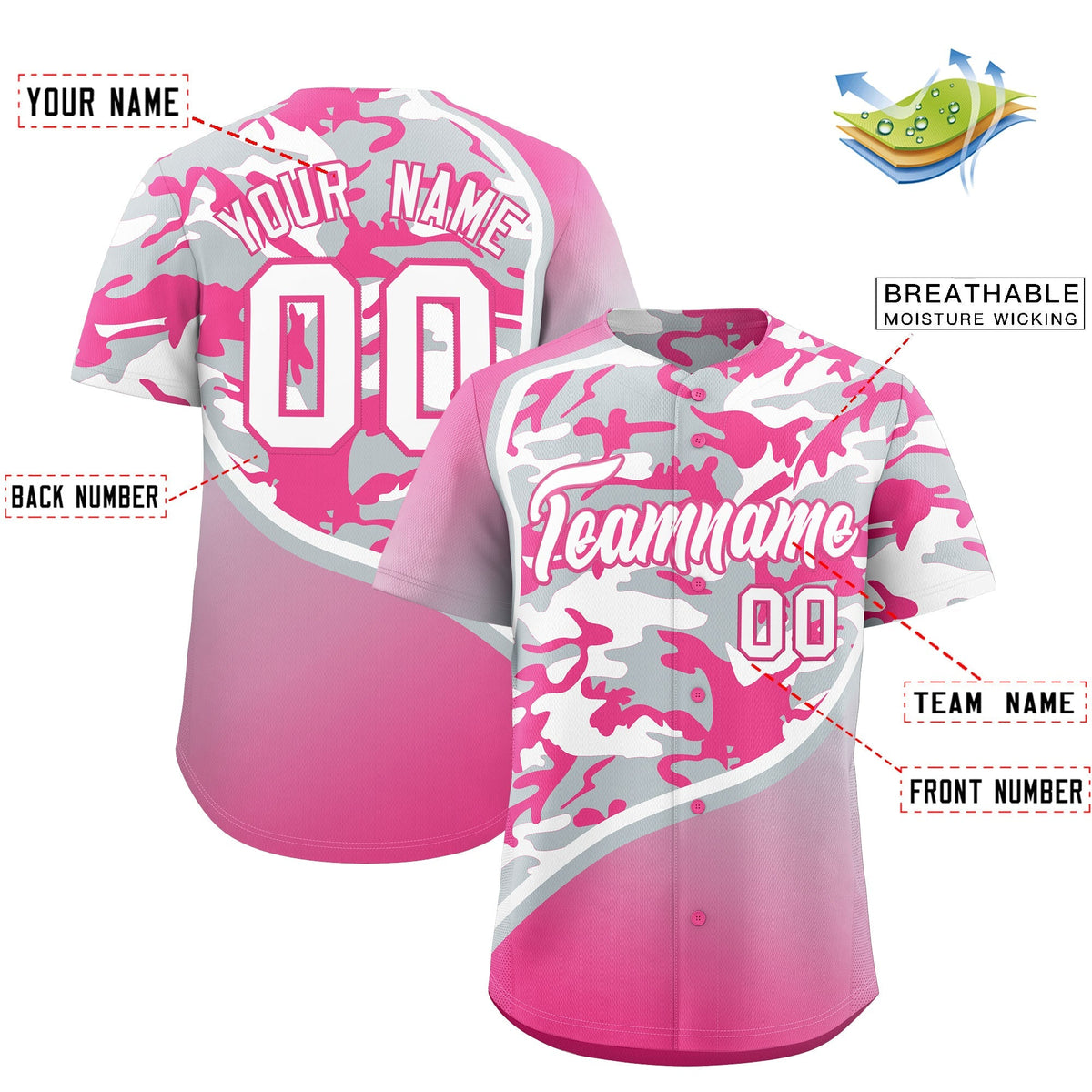 Custom Silver White Pink Camo Gradient Fashion Baseball Jersey | Perfect for Training,Sublimation Printed &amp; Stitched,Add Name and Numbern,Perfect for Teams | KXKSHOP