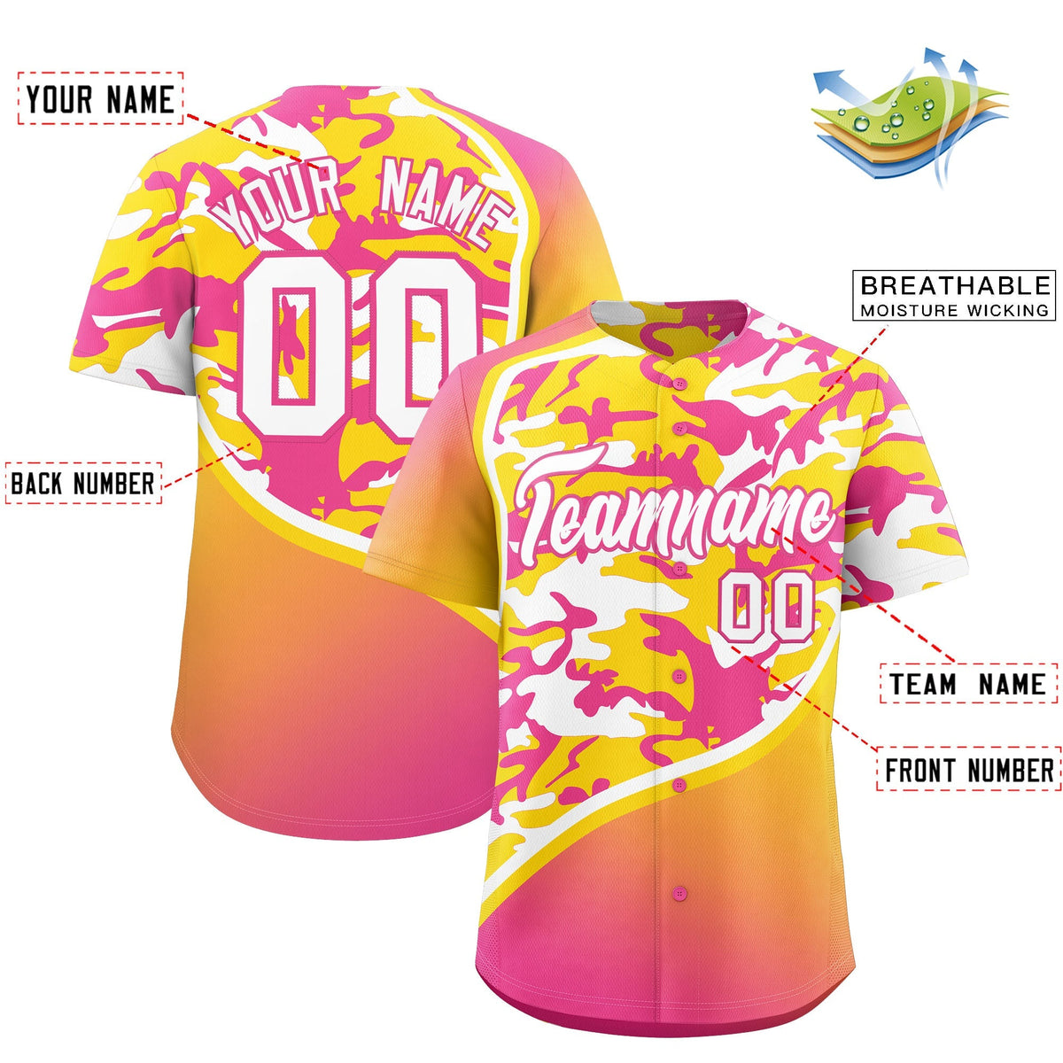 Custom Gold Pink White Camo Gradient Fashion Baseball Jersey | Perfect for Training,Sublimation Printed &amp; Stitched,Add Name and Numbern,Perfect for Teams | KXKSHOP