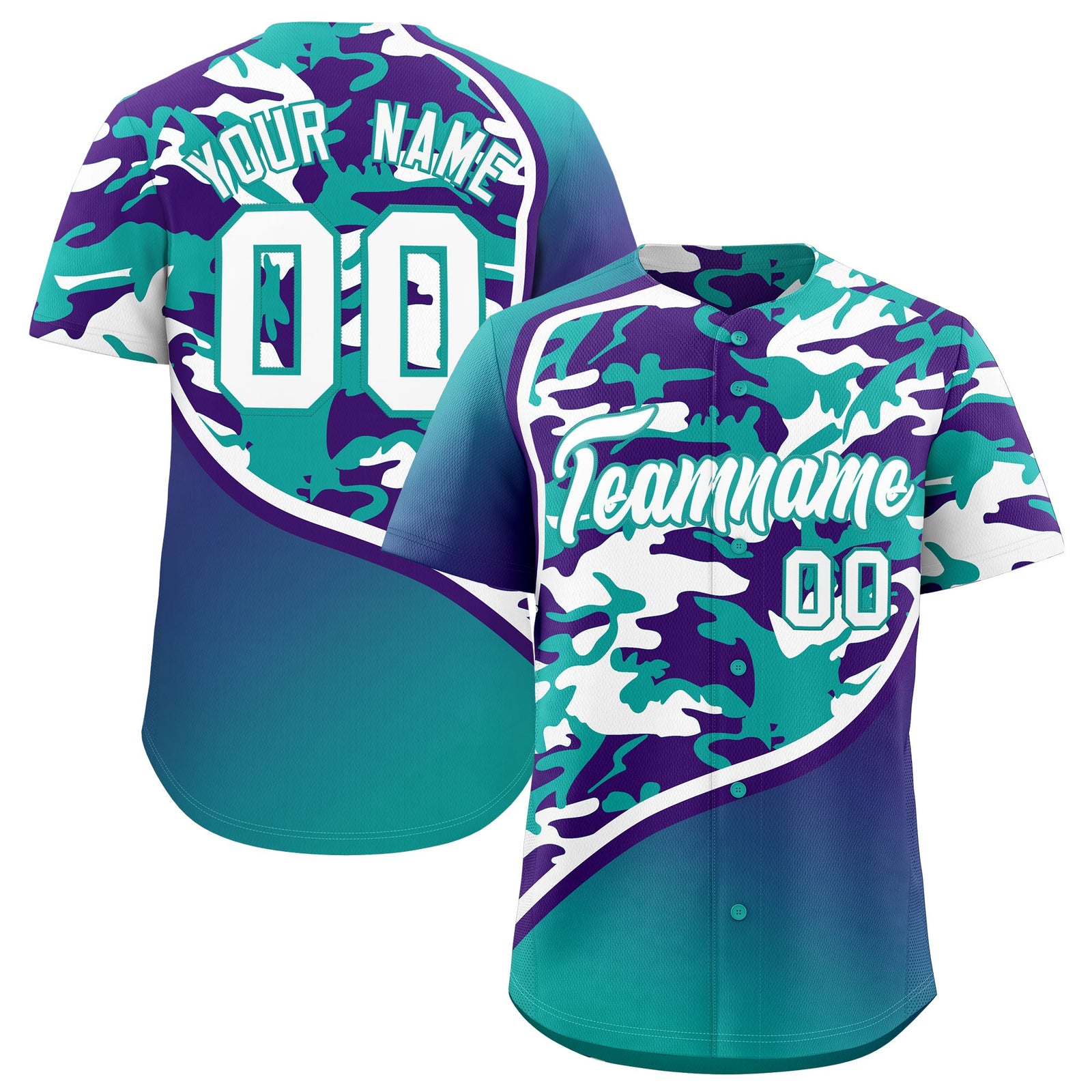 Custom Aqua Purple White Camo Gradient Fashion Baseball Jersey