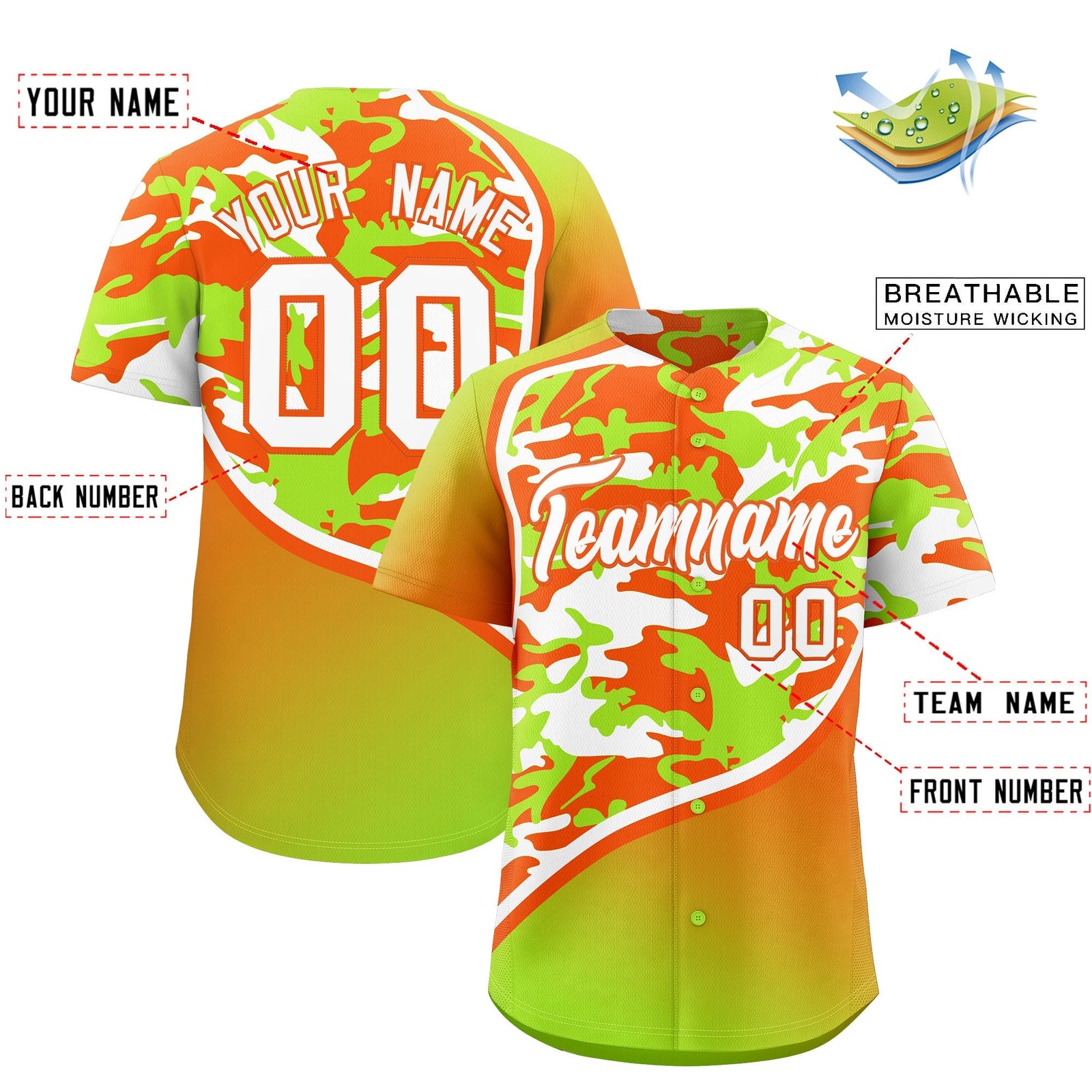 Custom Neon Green Orange White Camo Gradient Fashion Baseball Jersey | Perfect for Training,Sublimation Printed & Stitched,Add Name and Numbern,Perfect for Teams | KXKSHOP