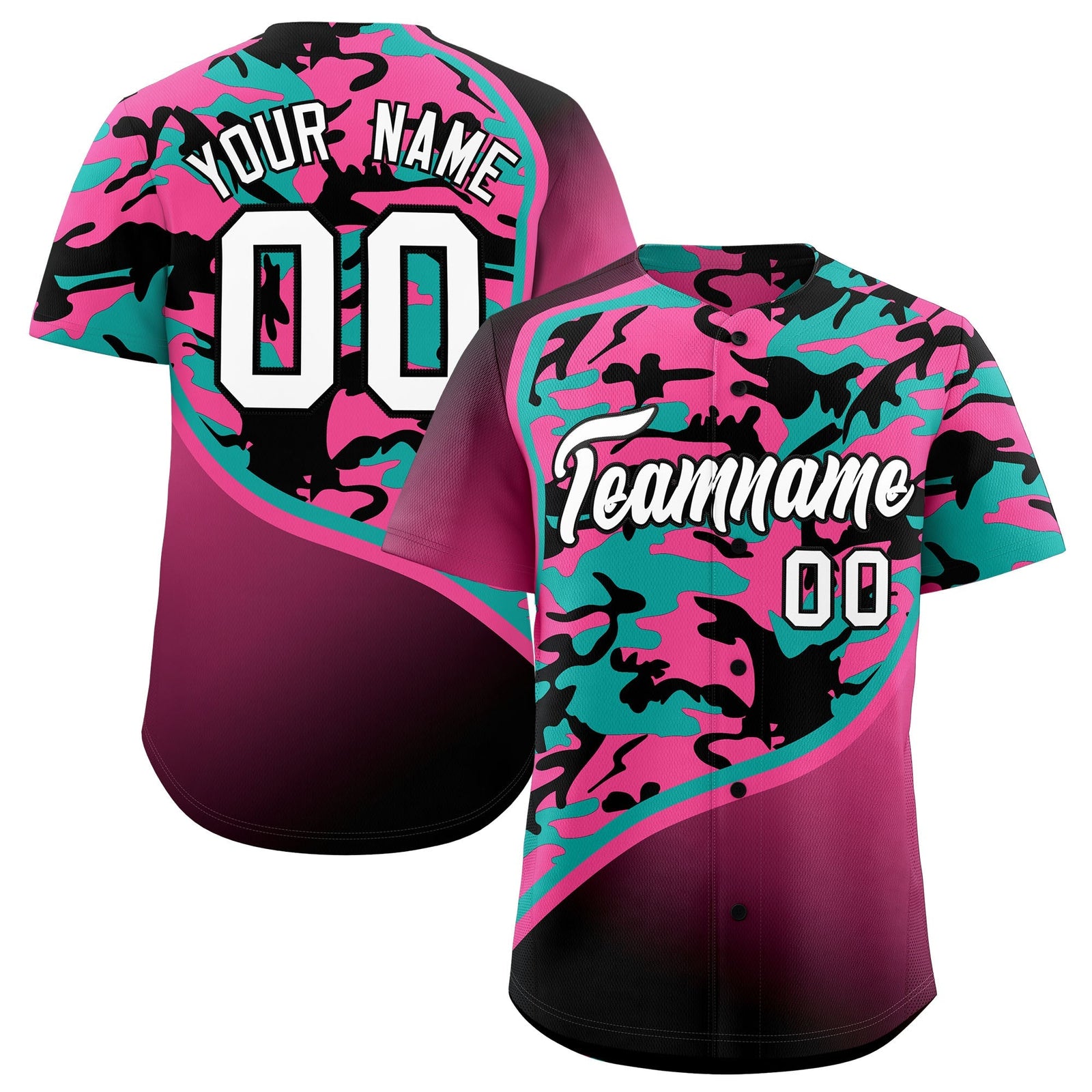 Custom Aqua Pink Black Camo Gradient Fashion Baseball Jersey | Perfect for Training,Sublimation Printed & Stitched,Add Name and Numbern,Perfect for Teams | KXKSHOP