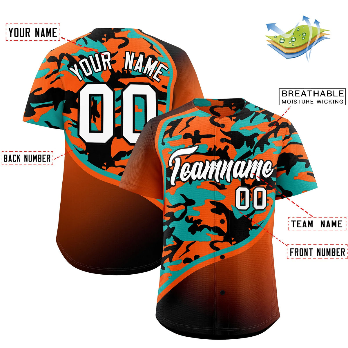 Custom Orange Aqua Black Camo Gradient Fashion Baseball Jersey | Perfect for Training,Sublimation Printed &amp; Stitched,Add Name and Numbern,Perfect for Teams | KXKSHOP