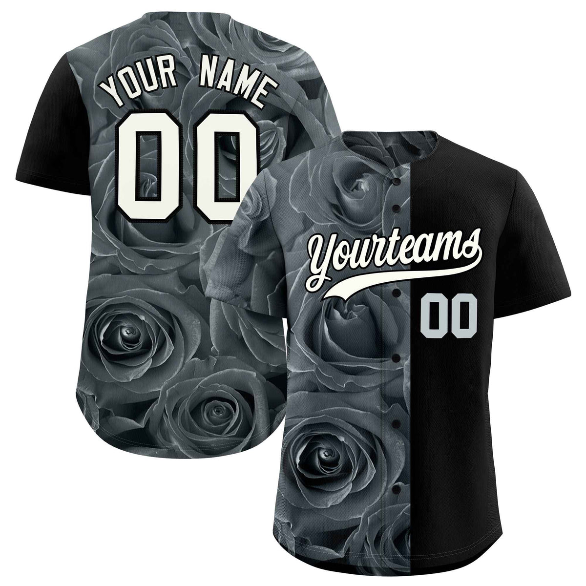 Custom Silver Black Split Rose Print Authentic Baseball Jersey